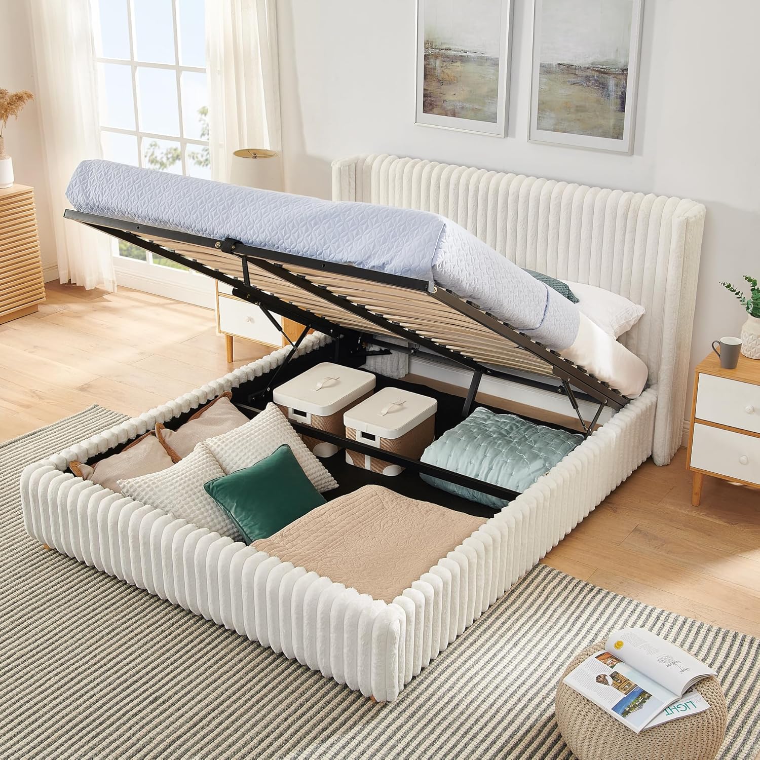 Queen Bed Frame with Storage, Upholstered Platform Bed Frame with Plush Rabbit Fur Headboard, Adult Floor Bedframe with Wooden Slats Support, No Box Spring Needed for Bedroom, Apartment, Beige