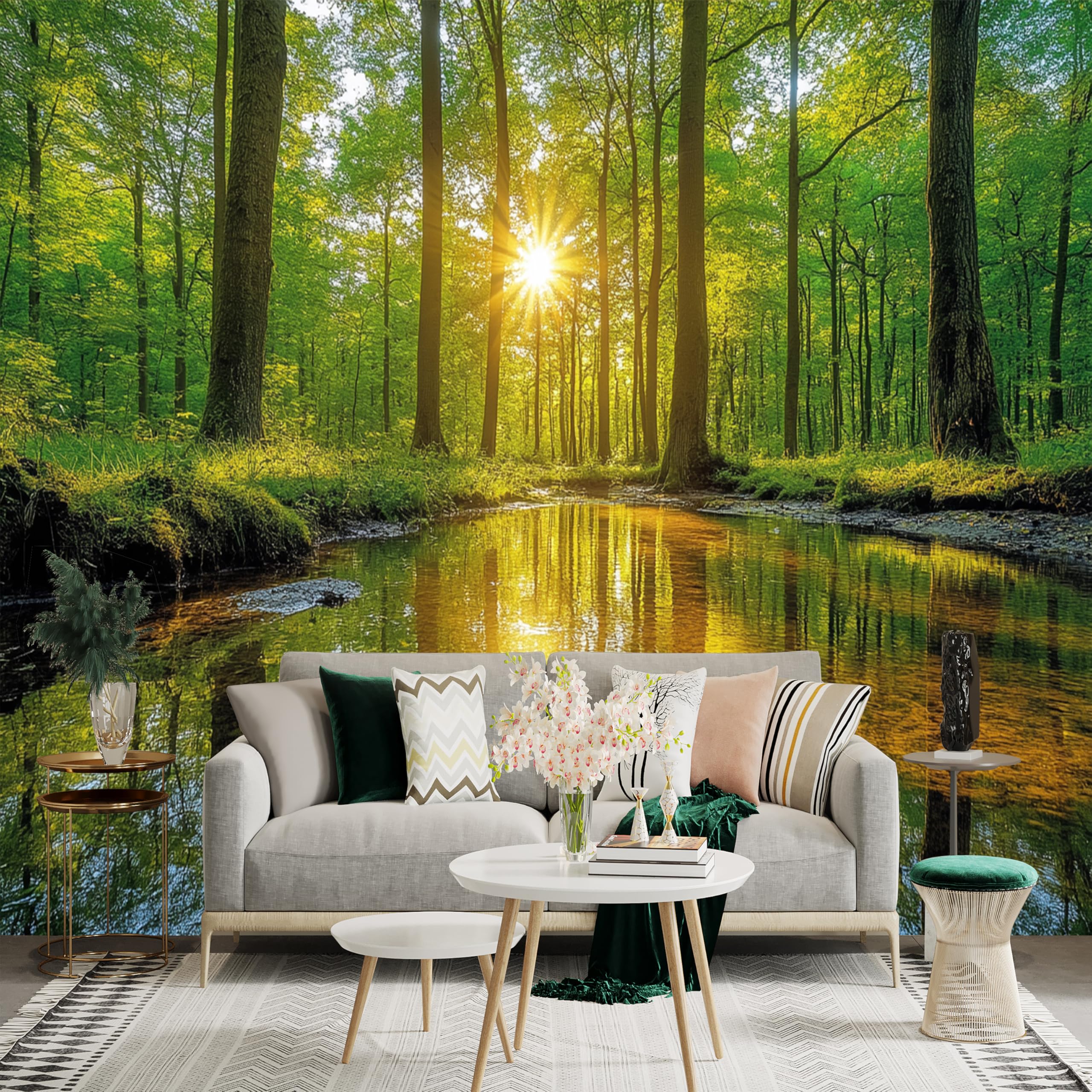 Custom Size Wall Murals - Forest Stream at Sunrise Removable Self - Adhesive Wall Fabric, Large Photo Wallpaper for Living Room,Bedroom,Office