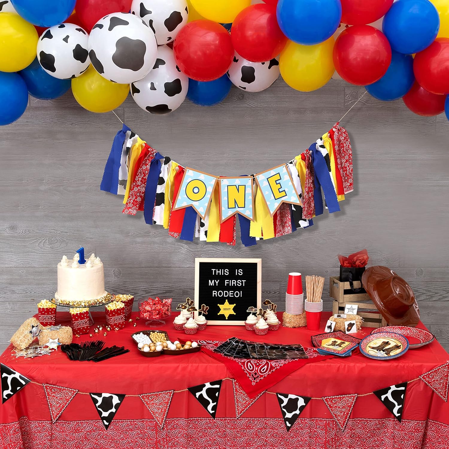 Toy Theme 1st Birthday Banner - Toy Inspiration Story's 1st Birthday High Chair Banner,Western Party Decorations, West Cowboy,High Chair,Baby Boy Photo Booth Props,Fabric Garland - Image 3