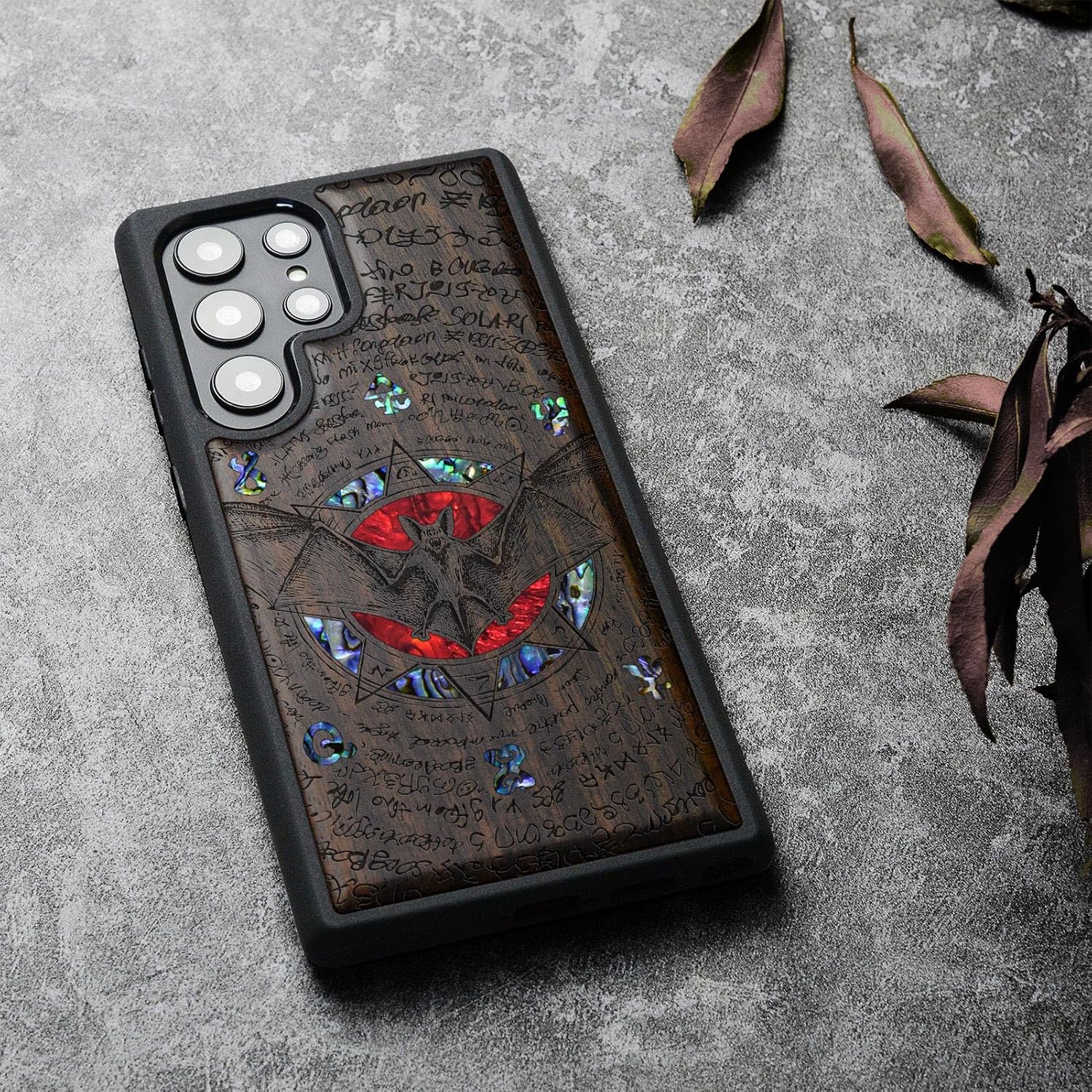Carveit Designer Wooden Cover for Samsung Galaxy S22 Ultra Case [Wood Engraving & Shell Inlay] Compatible with Wireless Chargers S22 Ultra (Bat and Octagonal Star-Blackwood)