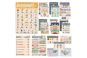 JACKINTHEBOX Educational Posters - 20 Boho Themed Preschool Posters, Laminated Homeschool Wall Decor