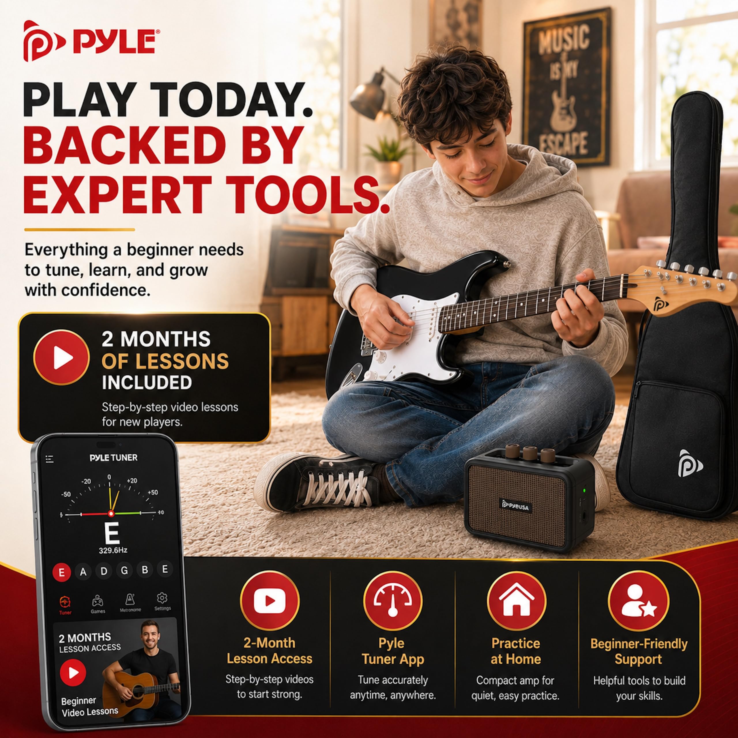 Pyle E-Gitarre Set Anfänger, ST-Gitarrenset mit 5W Verstärker, Gigbag, Gurt und Plektren, 22 Bünde, Schwarz