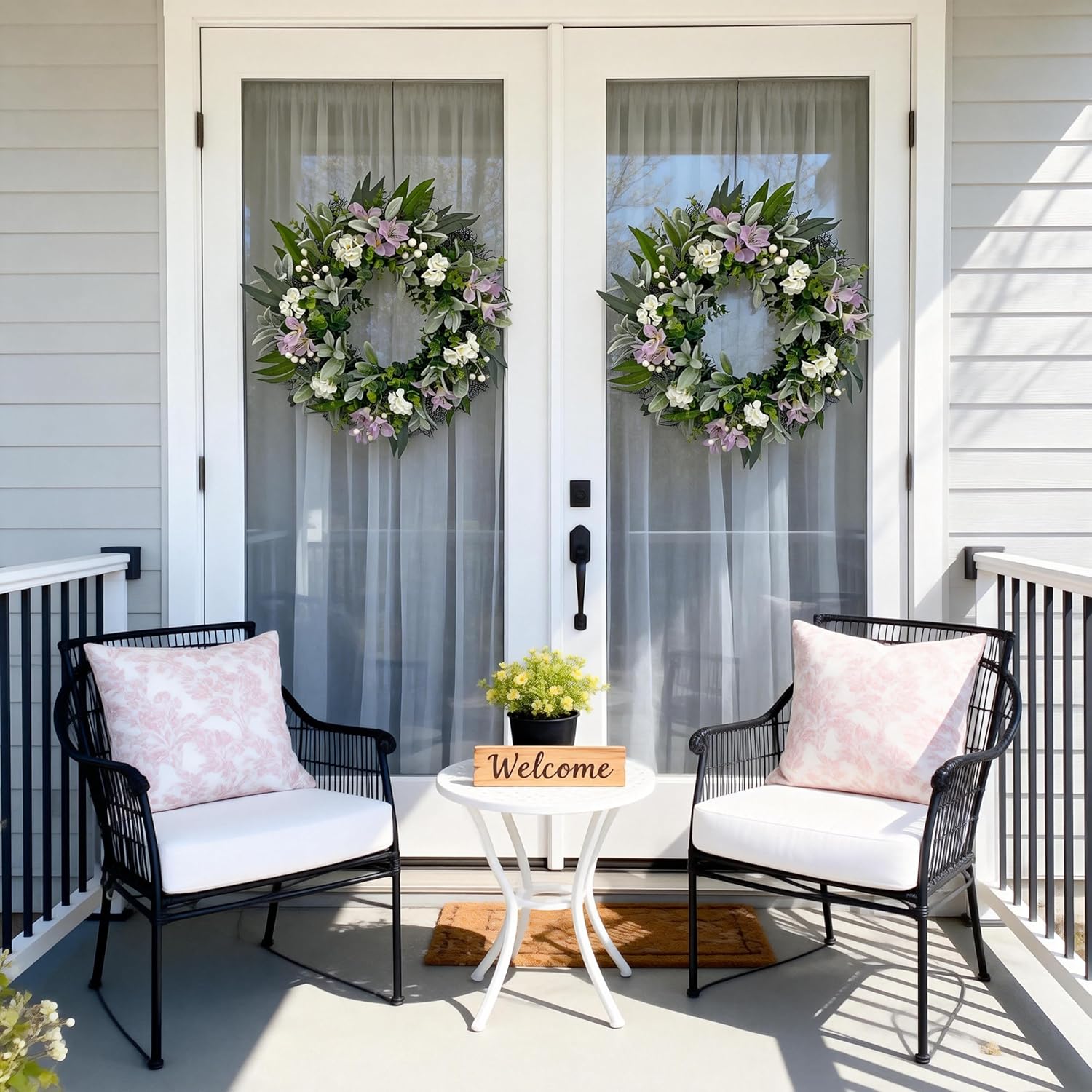 24 Inch Pastel Purple & White Spring Wreath – Elegant Farmhouse Floral Wreath for Front Door with Eucalyptus & Boxwood Greenery, Timeless Indoor Wall Decor, Weatherproof Outdoor Porch Decor