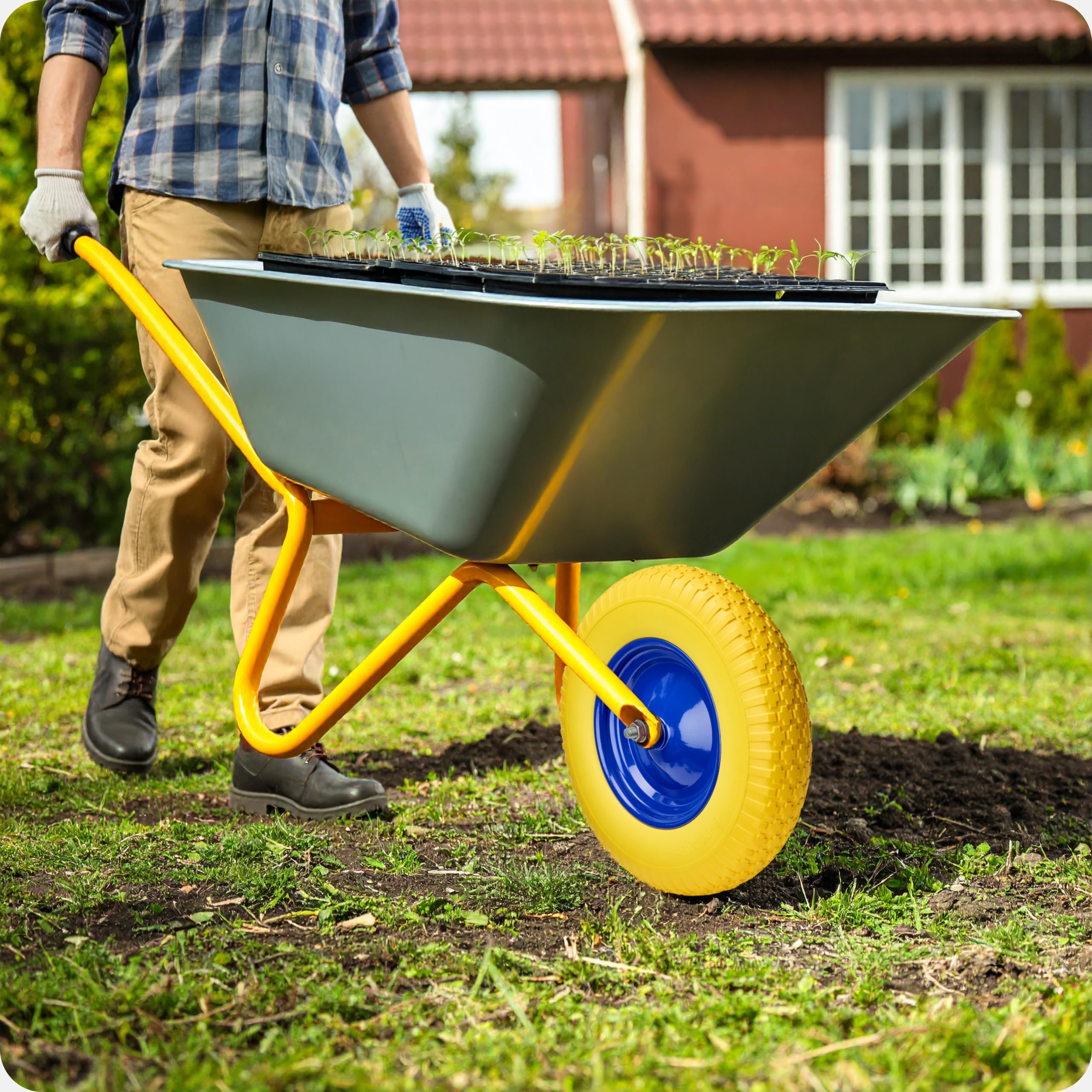 Garronda 2er Pack PU Vollgummirad 4.80/4.00-8 pannensicher wartungsfrei bis 100 kg Schubkarrenrad Ersatzrad Schubkarre mit Achse Stahlfelge Kugellager für Gartenwagen Hof Baustelle GD-0165 Orange-Blau
