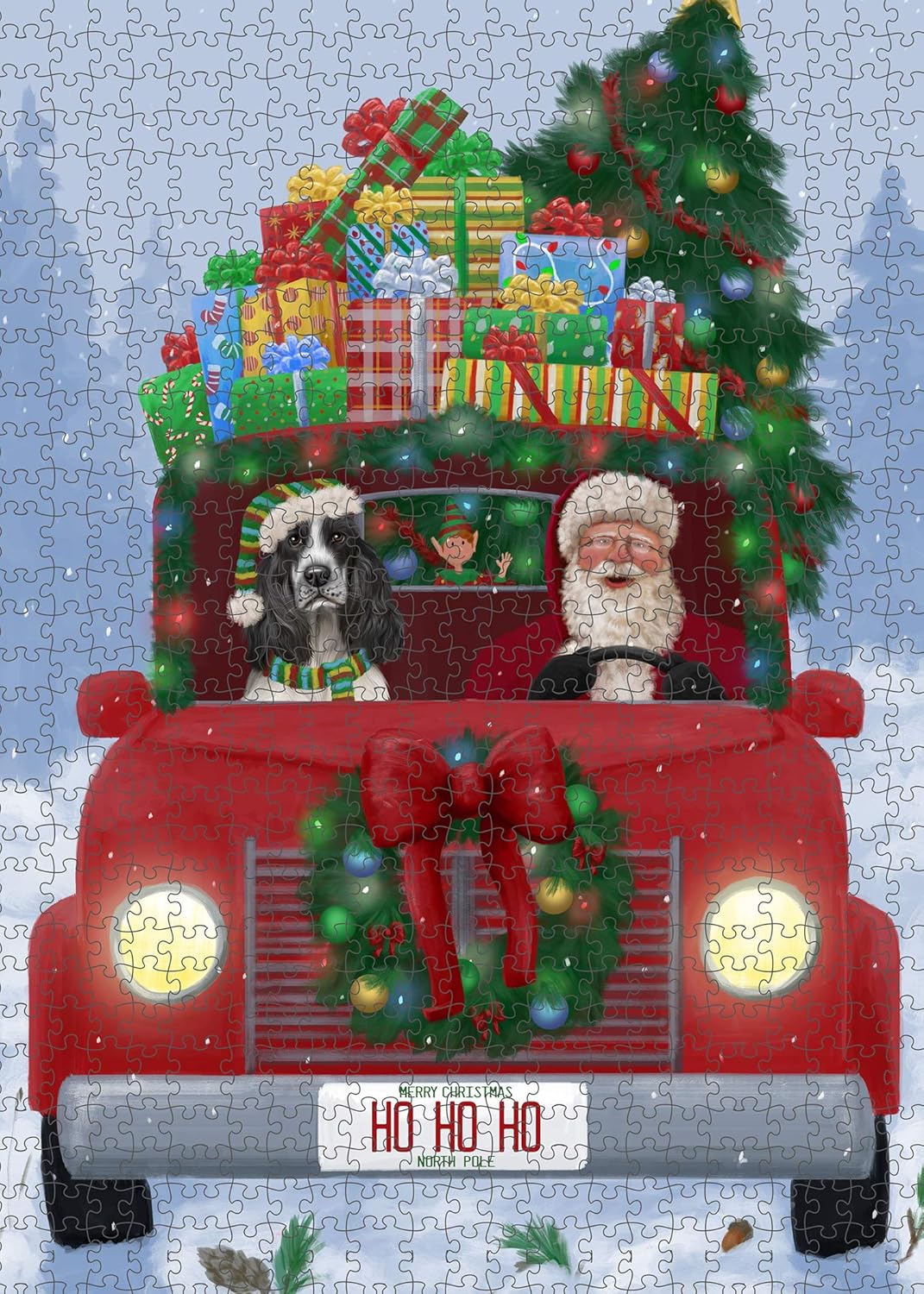Christmas Honk Honk Red Truck with Santa and Cocker Spaniel Dog Jigsaw Puzzle for Adults - Animal Printed Interlocking Puzzle Game Gift for Dog Lover's -1000 Pcs 29.5"x19.7", PZLE59755