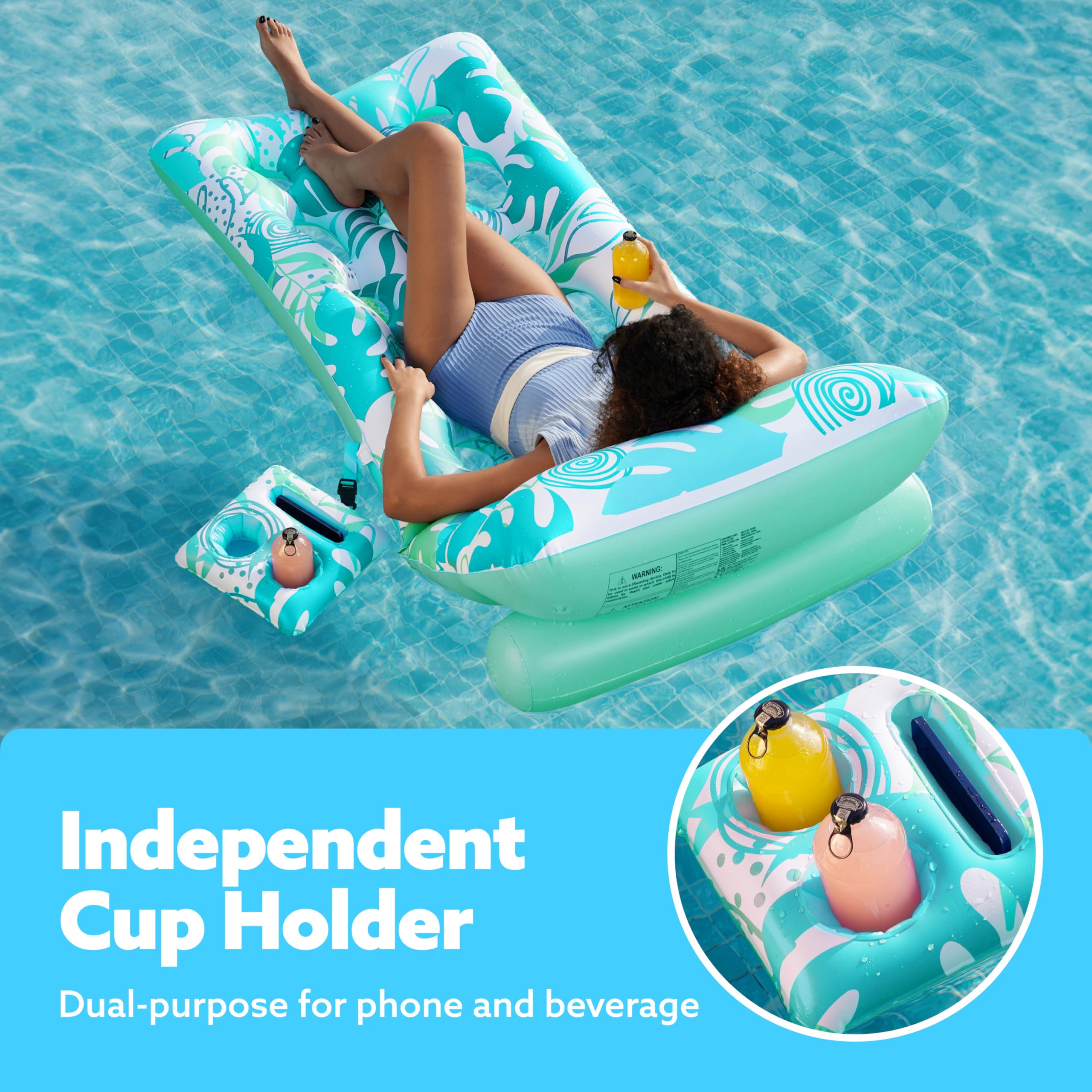 SLOOSH Materassino Gonfiabile per Piscina per Adulti, Lettino Galleggiante con Foglie Tropicali, Schienale Regolabile, Portabicchieri, Perfetto per Abbronzarsi in Piscina, Spiaggia e Lago
