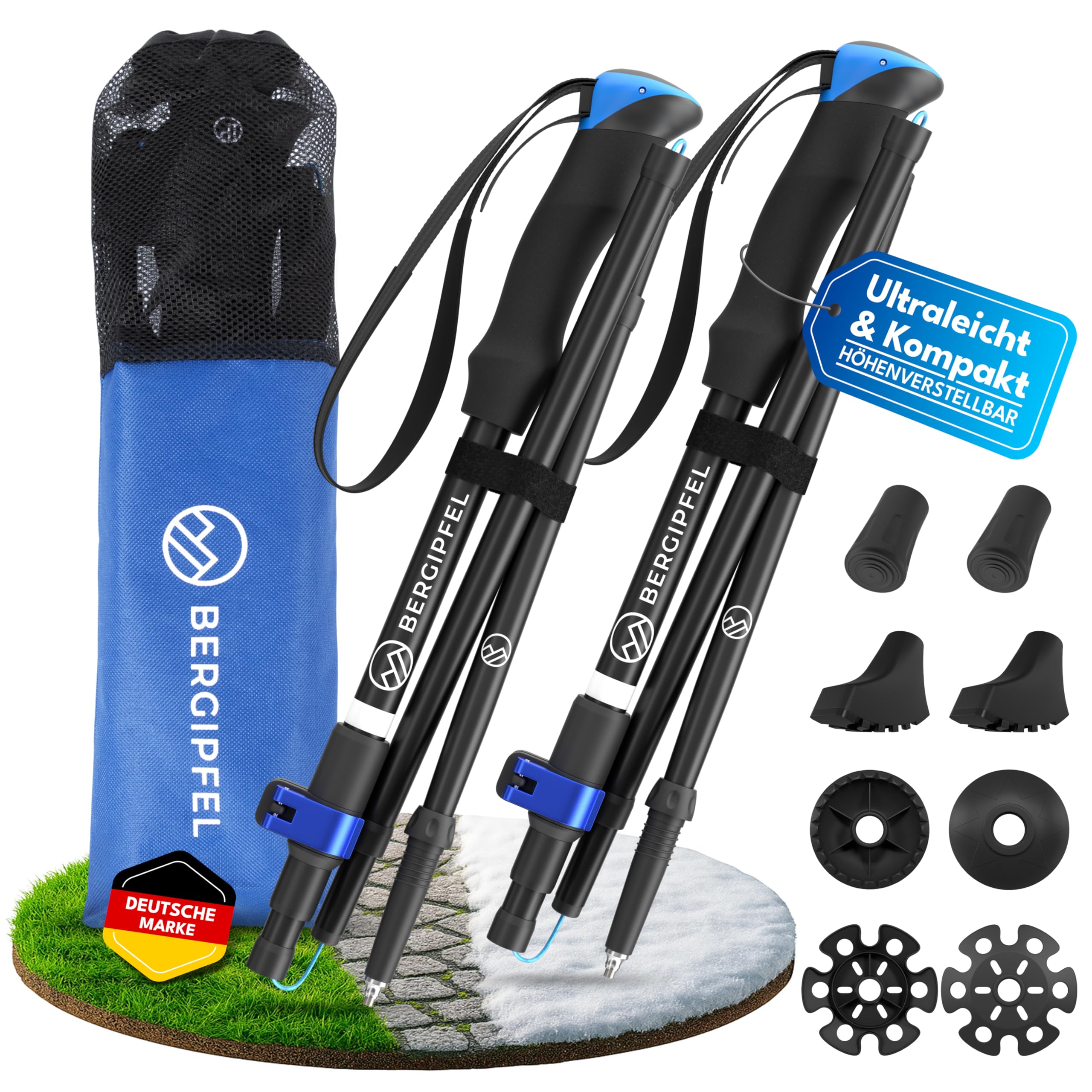 Teleskop-Wanderstöcke|Ultraleicht 270g|faltbar auf 37cm|verstellbar 115–130cm|Walkingstöcke aus Flugzeugaluminium|mit All-Terrain-Zubehör und Tasche|für Damen, Herren, Jugendliche