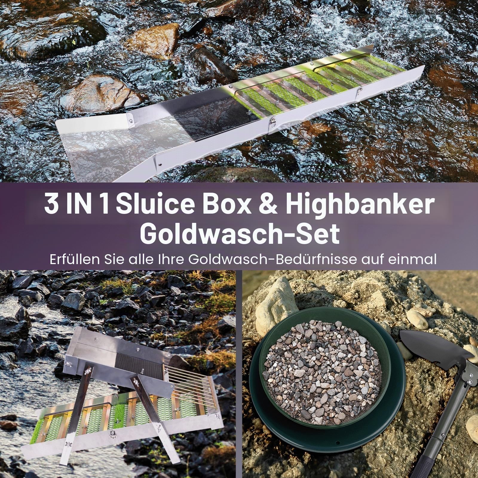 3 in 1 Highbanker Gold Panning Kit, verformbare 127 cm Faltbare Goldschleuderbox, tragbare Bergbauausrüstung für Erwachsene, 34 Stück, inklusive Goldpfanne, Klassifizier-Bildschirm, Magnet, Rucksack