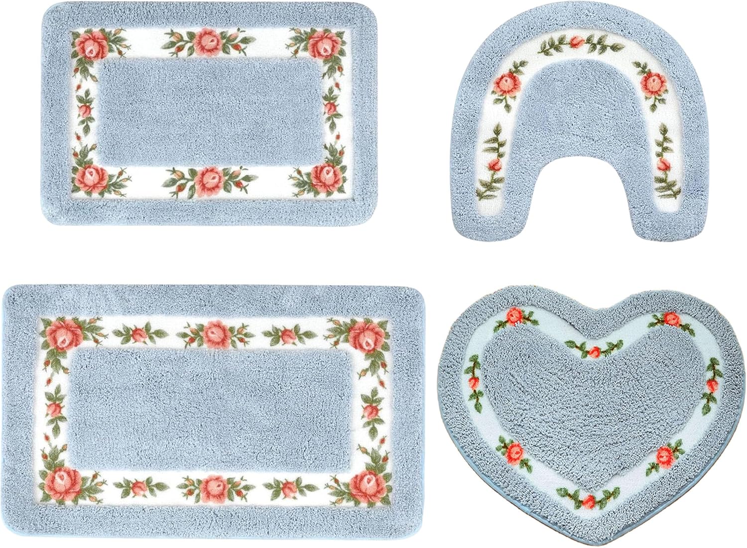 Blue Floral Bathroom Rug Set Farmhouse Rugs, Rose Bath Mat with U-Shaped Toilet Rug Heart Door Mat, Non Slip, Soft Absorbent Microfiber Flowers Bath Rugs for Bathroom Floor