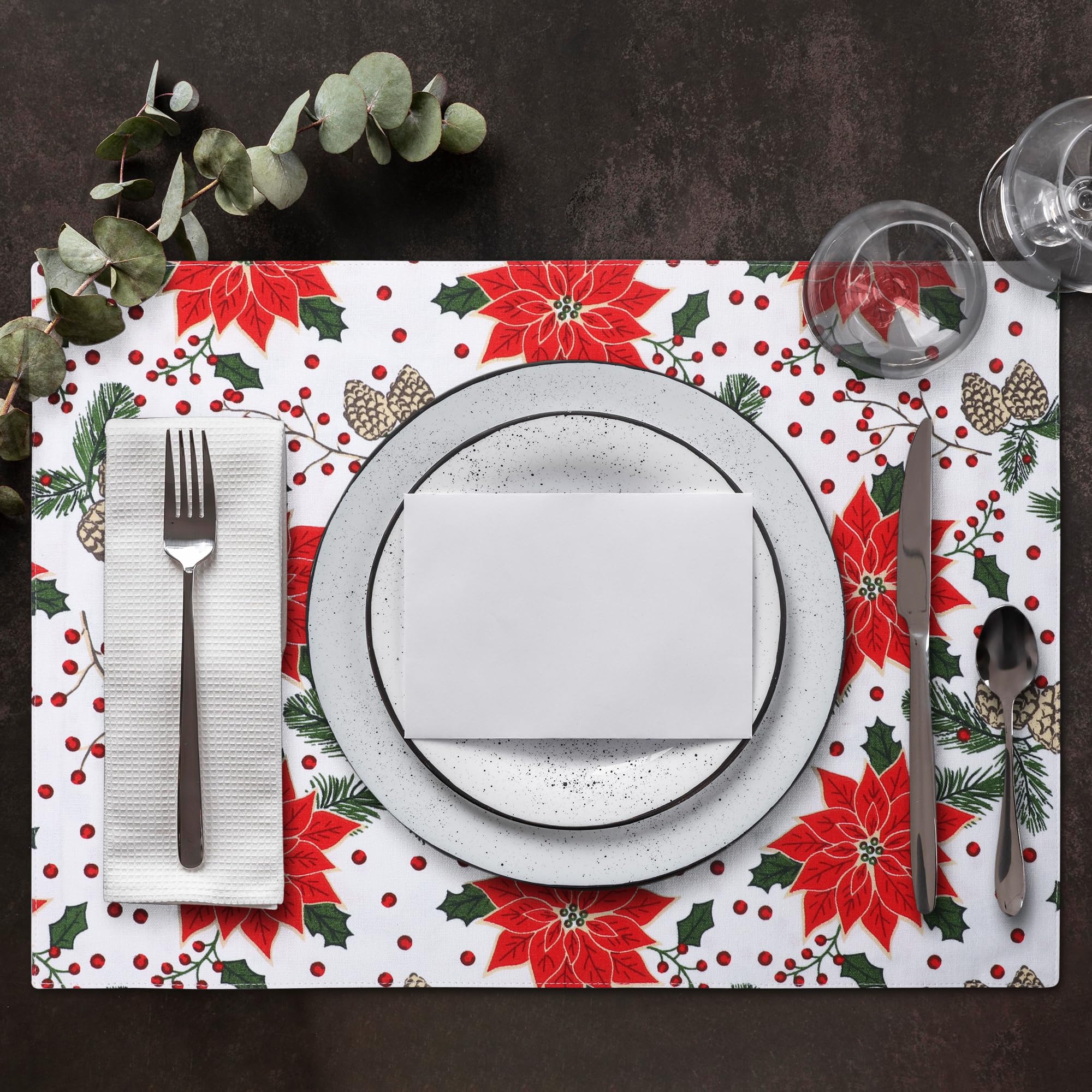 Urban Villa ChristmasPlacemats Pine Cone Print 100% Cotton Fused Placemats 14''x 20'' Over Sized Set of 6 Every Day Use Heavier QualityPlacemats