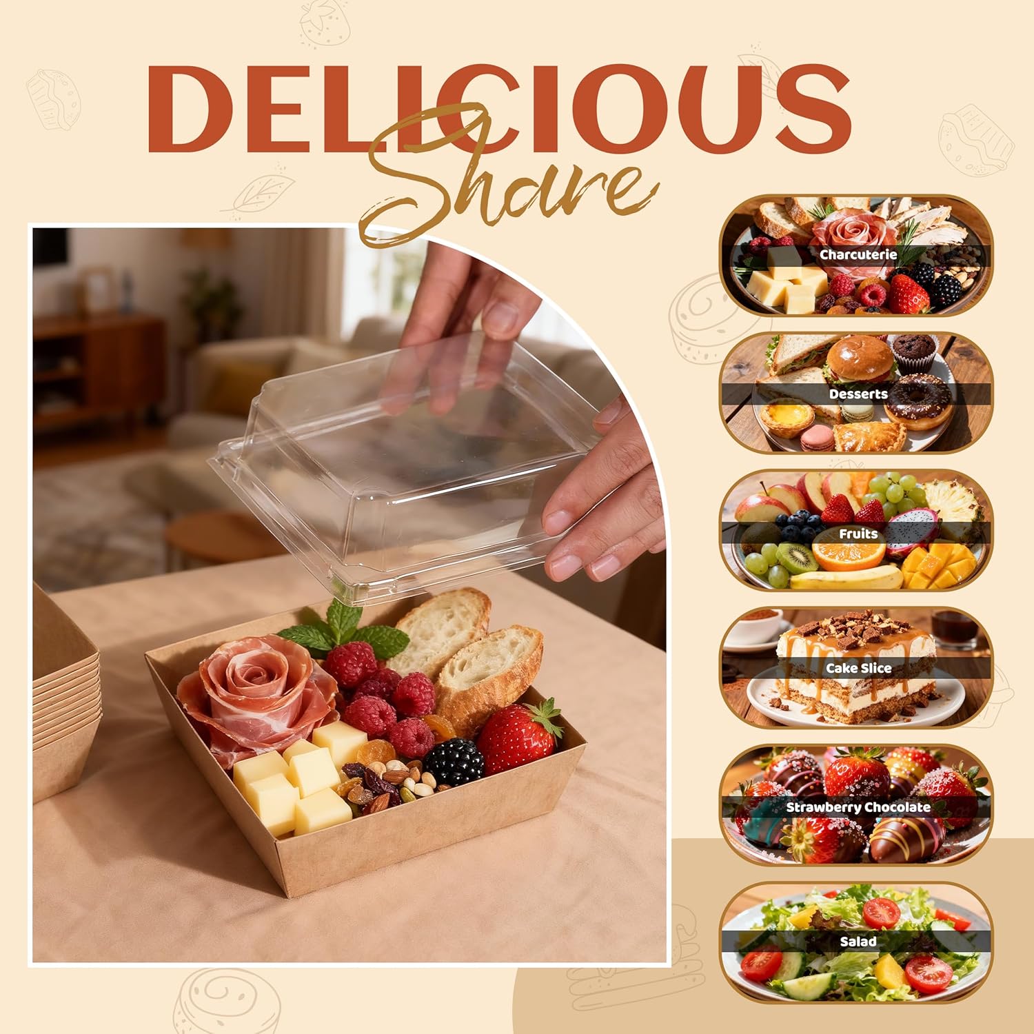 Charcuterie Boxes with Clear Lids Mini Bakery Boxes Disposable Treat Boxes to Go Small Food Containers for Dessert Cookie Sandwich Cake 5.3x4.9x2.5INCH(100 Pack, Brown)