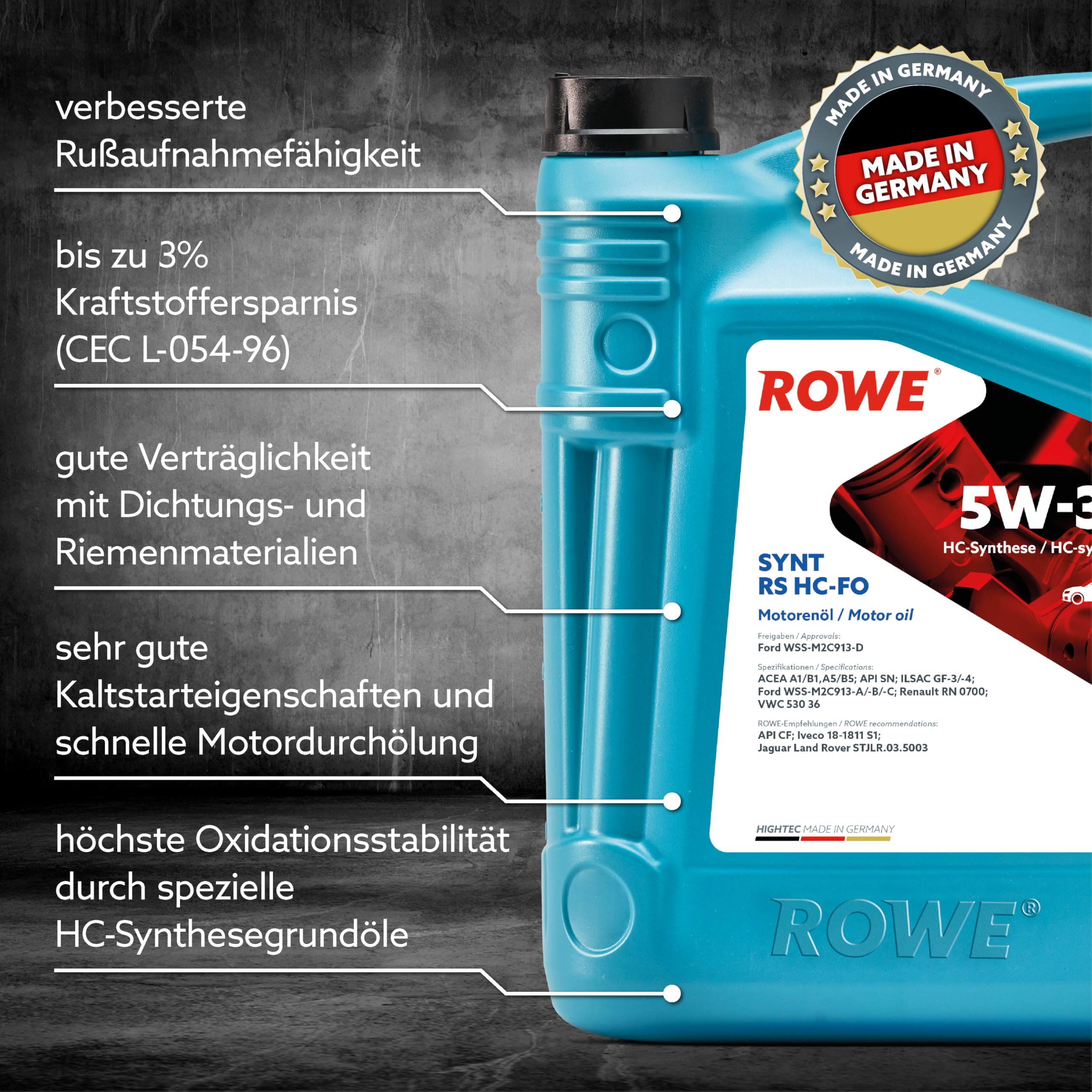 ROWE Aceite de motor 5W-30 Synt RS HC-FO Aceite sintético HC (Hydro Cracked) ACEA A1/B1 ACEA A5/B5 API SN API CF 5L Compatible con FORD Fiesta Mk6 Hatchback CB1, CCN, JA8, JR8, TOYOTA AYGO WNB1, KGB1