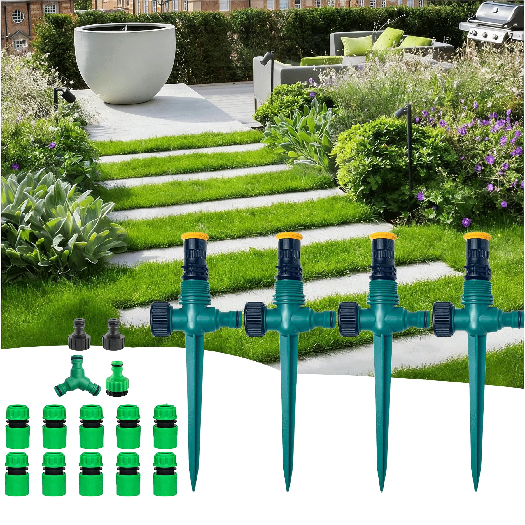 4 aspersores giratorios de jardín de 360°, sistema de riego, aspersor de jardín con acoplamiento de manguera 1/2 e Y, aspersor de agua ajustable para exterior, jardín, patio, césped