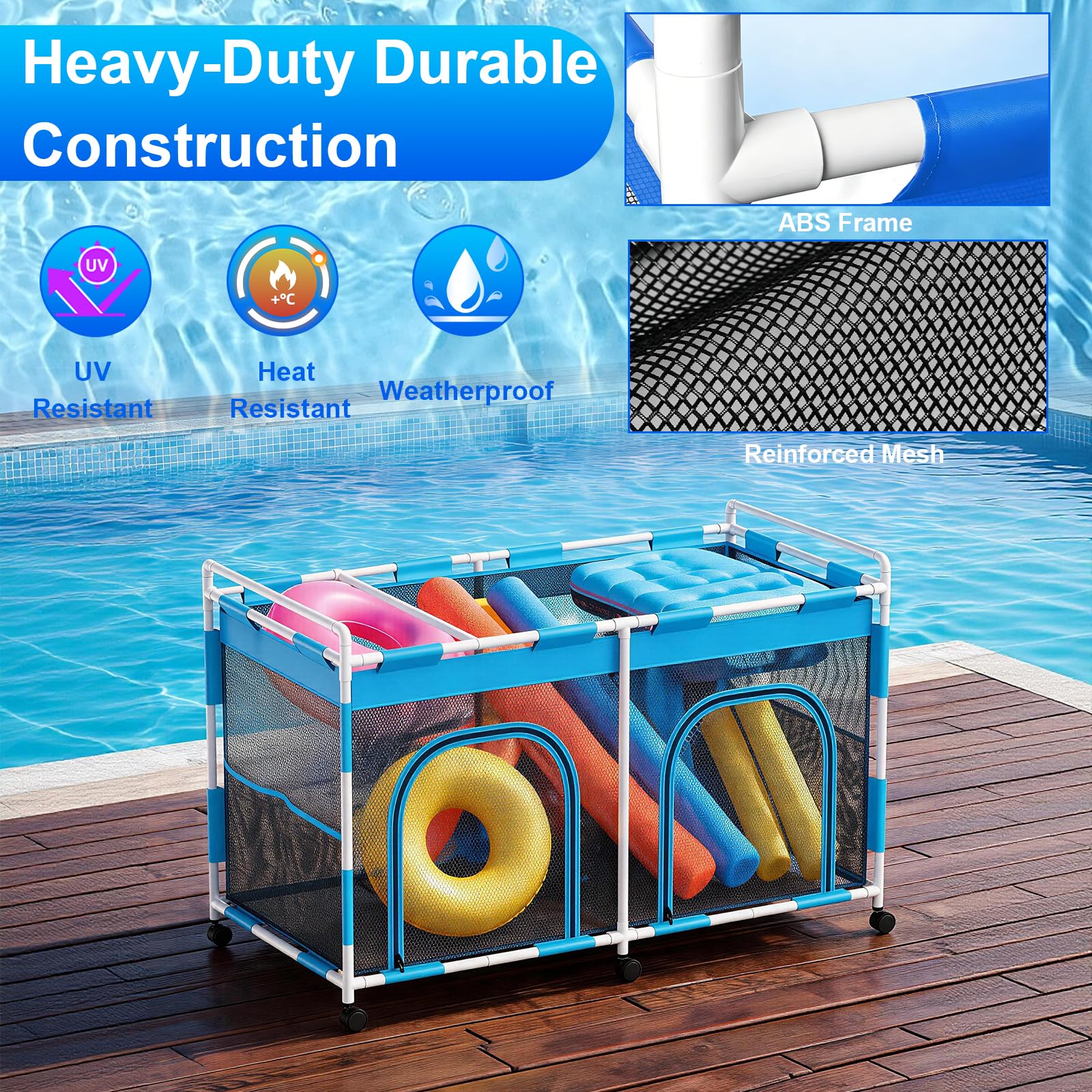 Upgrade - Carrito de almacenamiento para piscina con ruedas, 160 × 82 × 98 cm, organizador de malla para equipo de natación, fideos de piscina, juguetes y toallas, gran capacidad con asa y