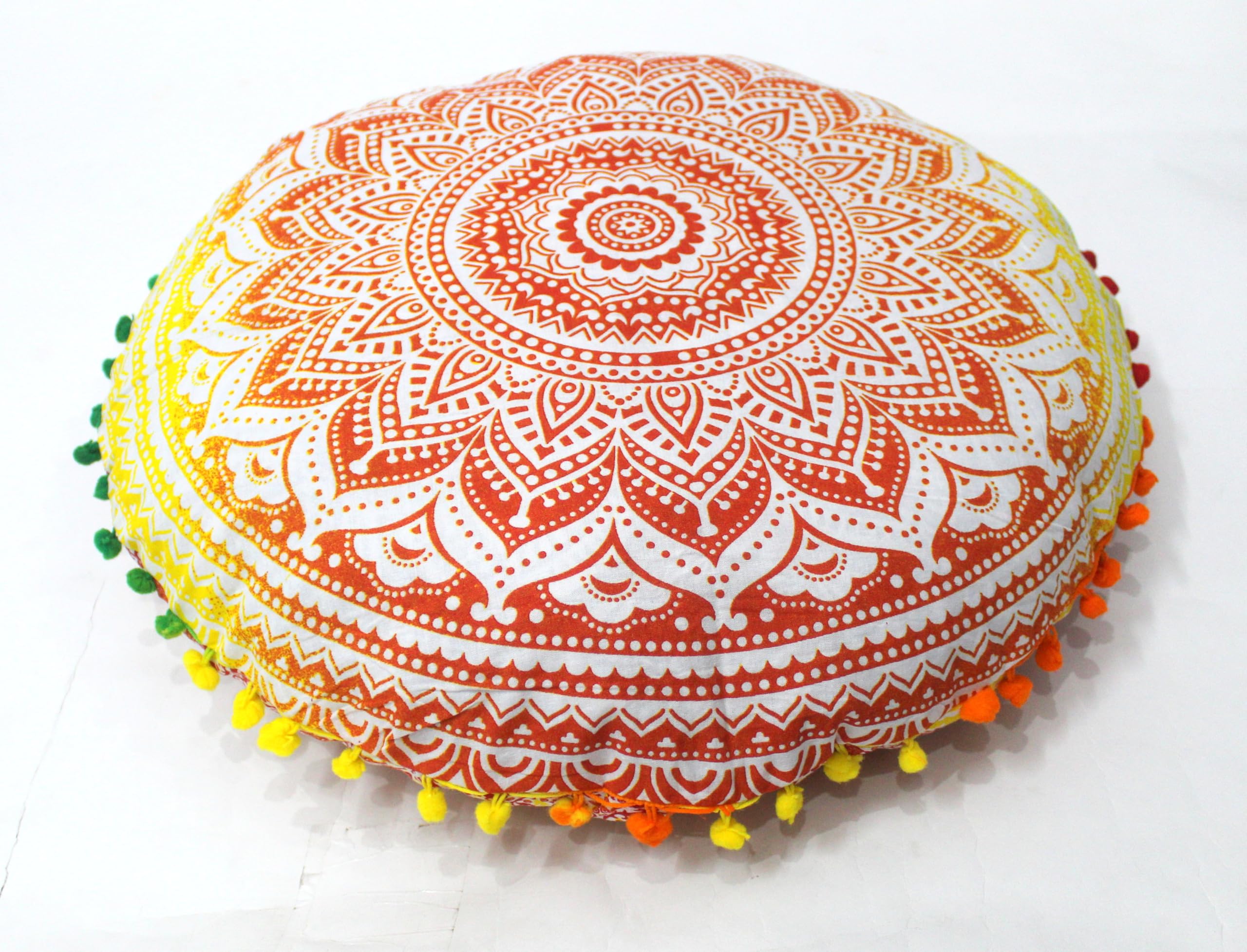 Round Mandala Floor Pillow Cover Seating Cushion Throw Cover Hippie Decorative Bohemian Ottoman Pouf Cover, Pom Pom Pillow Cases,Boho Indian 32 Inches Orange Ombre