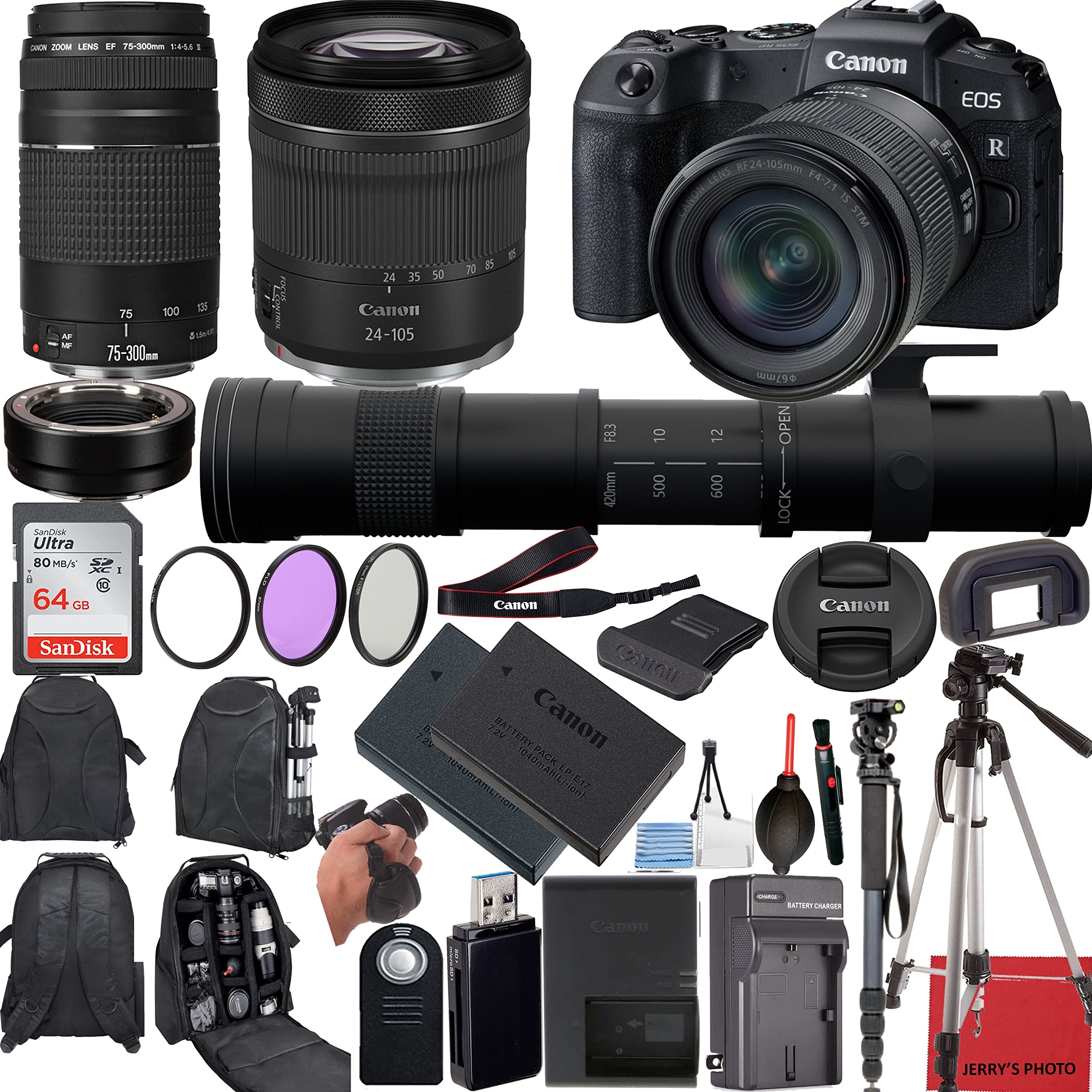 Canon EOS RP Mirrorless Camera with 24-105mm STM Lens & EF 75-300mm Lens + 420-800mm Lens + Mount Adapter + 20 Essential Accessories for Content Creators