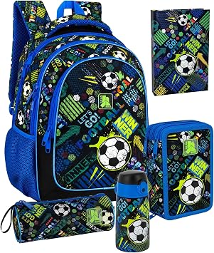 Clondo School Pack of 5 - Ergonomic School Backpack Pencil Case with 3 Compartments 45 Pieces Thermal Flask Diary Tombolino - Gift for Children for Primary School Goal Power School set