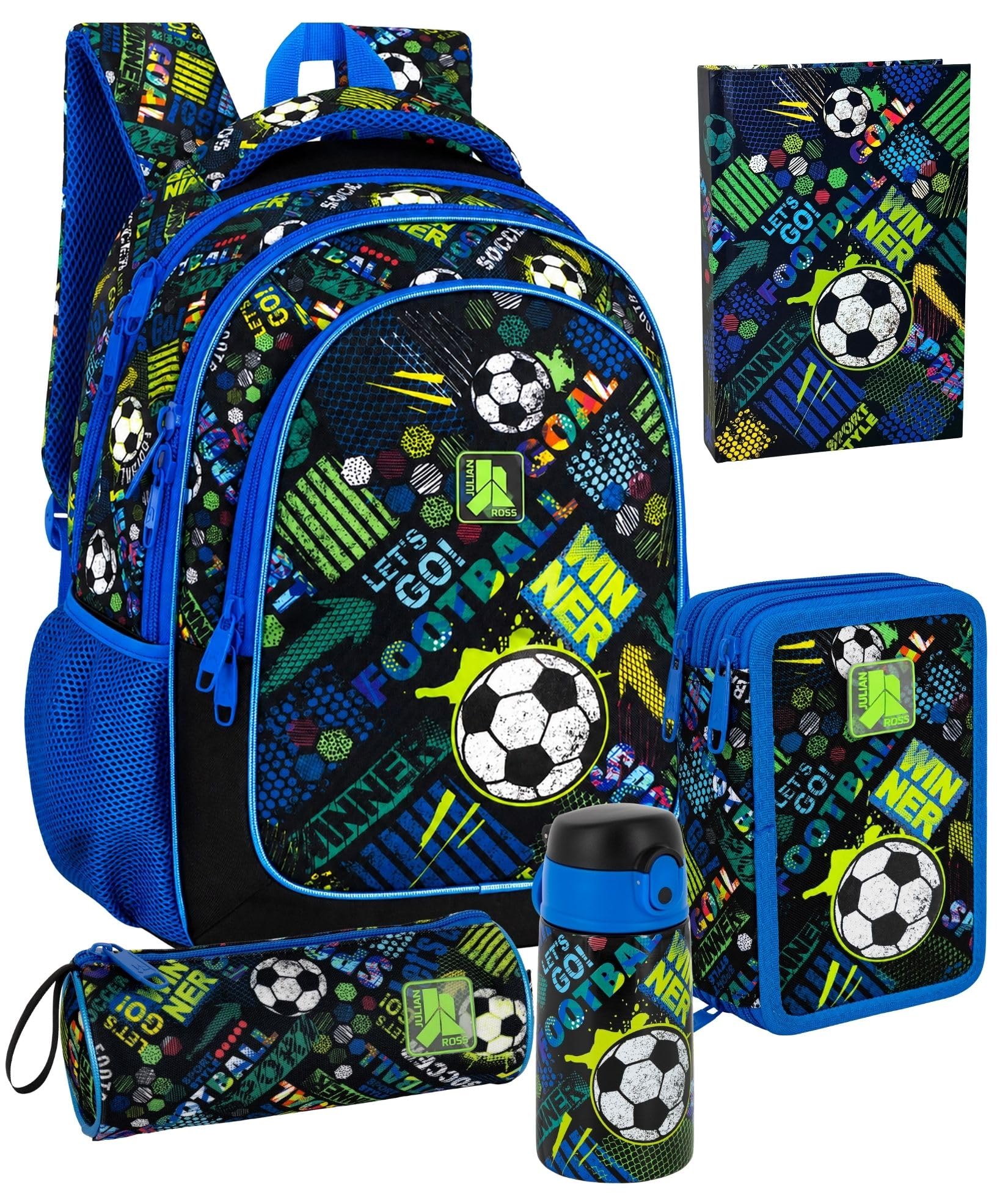 Pack Rentrée Scolaire Garçon Motif 5 Pièces - Sac à Dos École Primaire, Trousse Garnie 3 Compartiments, Gourde Isotherme, Agenda et Trousse Ronde - Kit Complet CP-CM2 (6-11 Ans) Goal Power