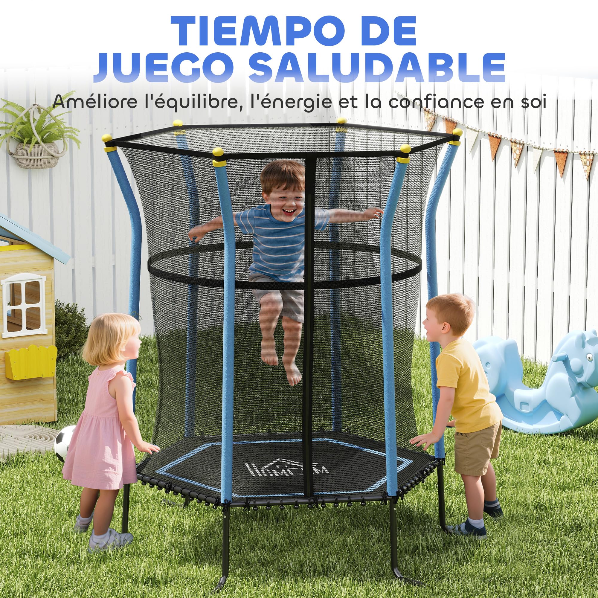 HOMCOM Cama Elástica Infantil de Jardín 122x111x190 cm Trampolín para Niños de +3 Años con Red de Seguridad Marco de Acero y sin Muelles para Interior Exterior Carga 50 kg