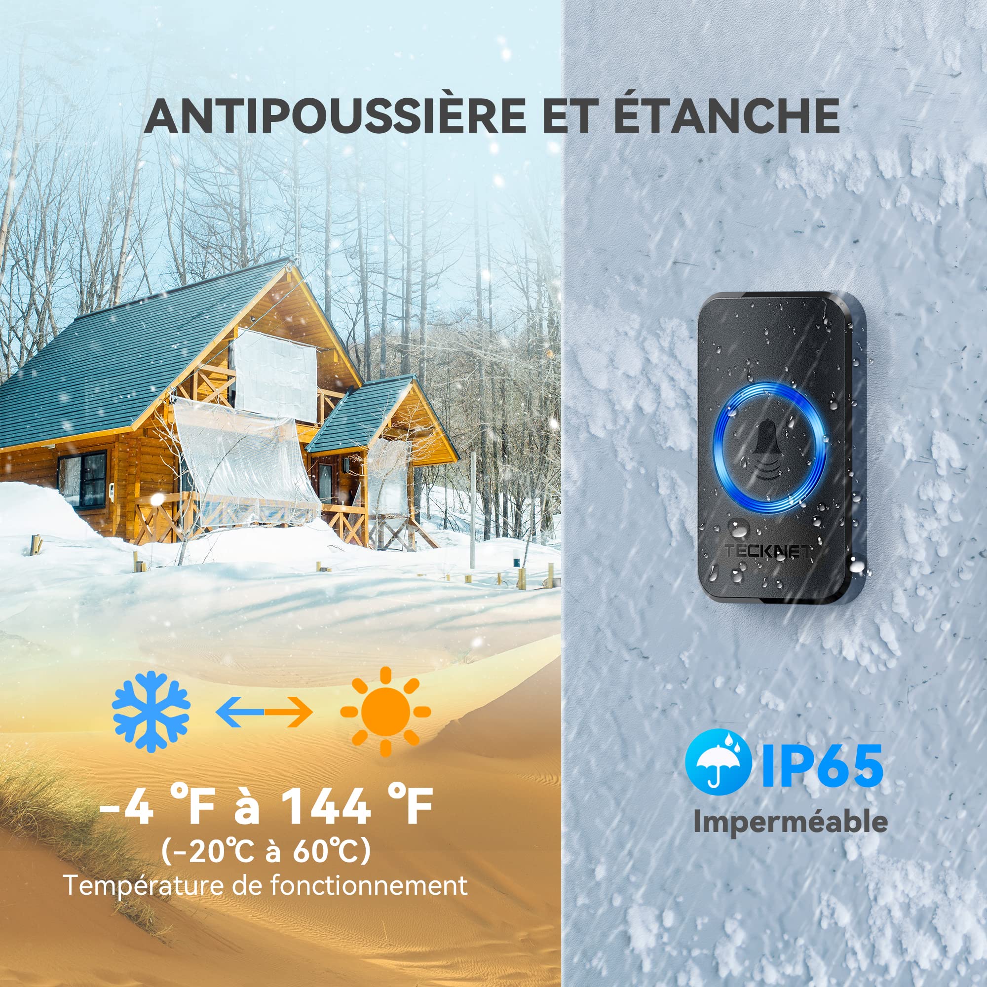 TECKNET Sonnette sans Fil, IP65 Exterieur Étanche Carillon 400 Mètres Two Récepteur Sonnette Electronique, 60 Mélodies 5-Niveaux LED Bleu, pour Maison, Hôtel, Urgence
