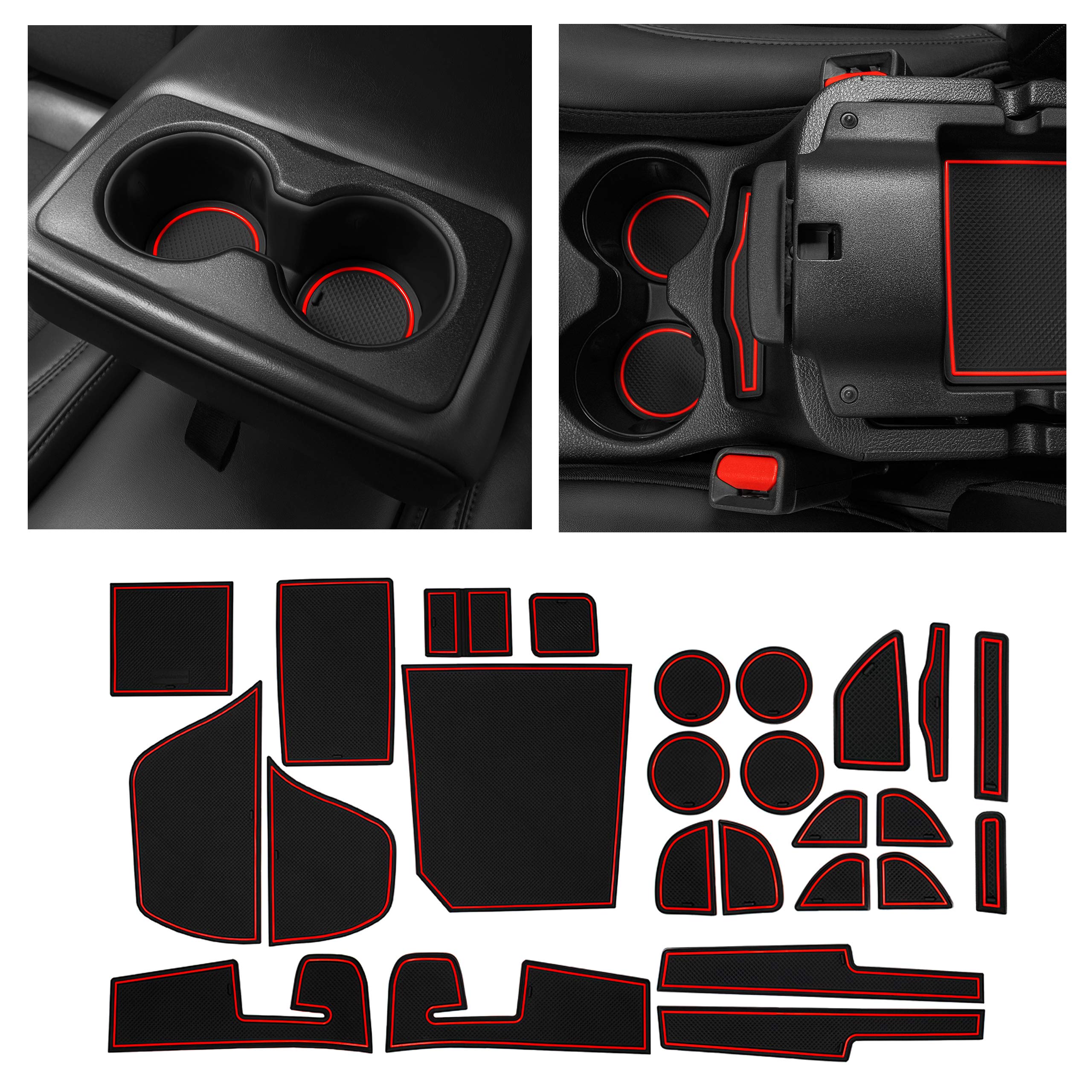 CupHolderHero fits Jeep Cherokee Accessories 2019-2023 Premium Custom Interior Non-Slip Anti Dust Cup Holder Inserts, Center Console Liner Mats, Door Pocket Liners 25-pc Set (Red Trim)
