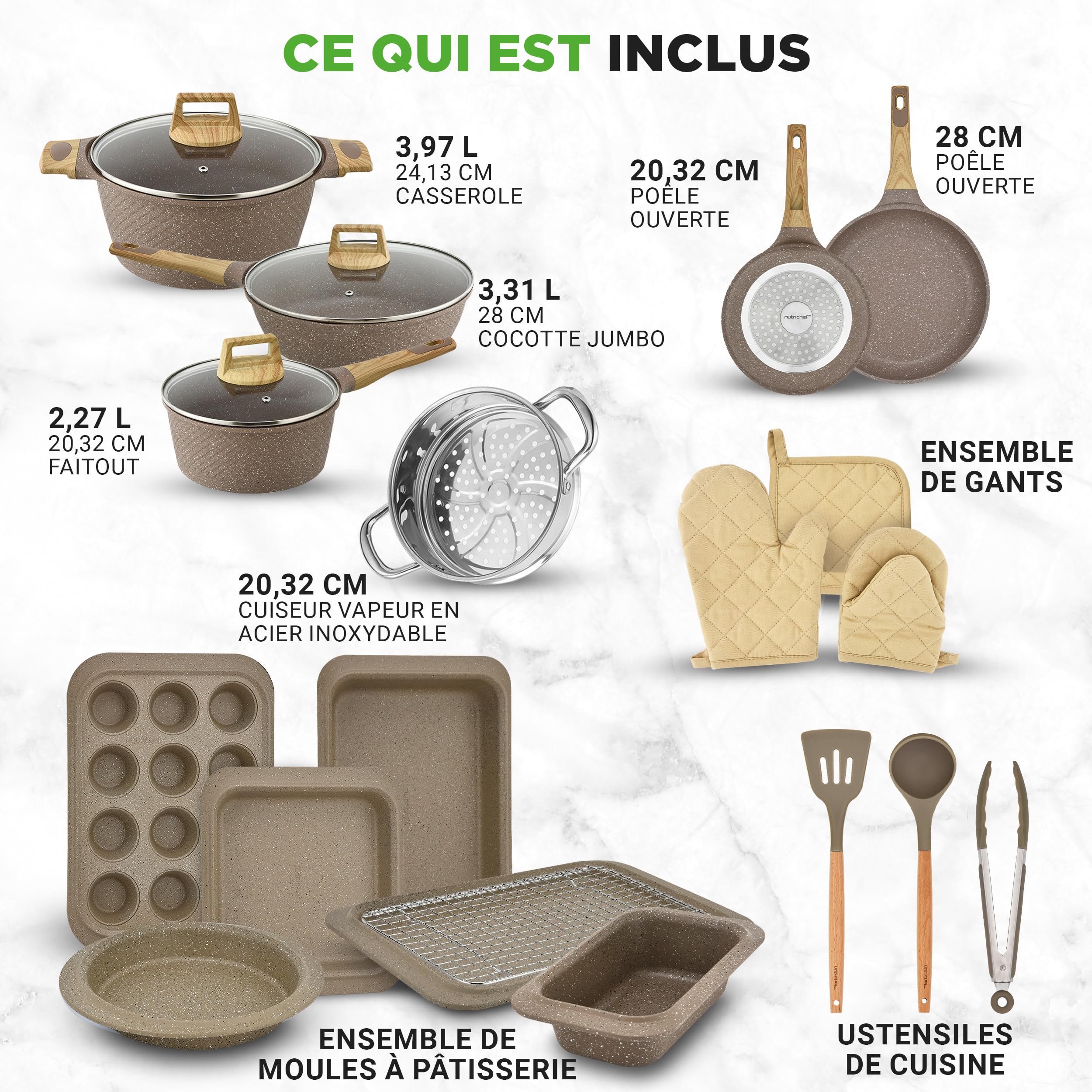 NutriChef Batterie de Cuisine 22 Pièces Marbre Marron – Casseroles et Poêles Antiadhésives, Compatible Induction, Ustensiles Résistants à la Chaleur – Collection Pro