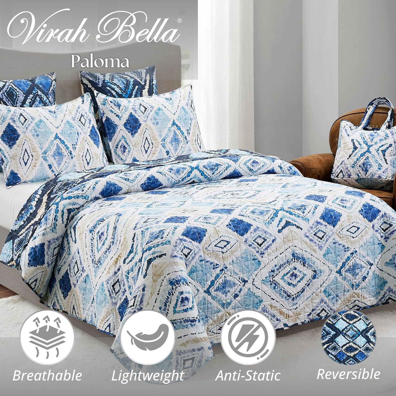 Virah Bella - Full/Queen Rustic Quilt Set with Matching Tote - Cabin Bedding Comforter Set 2 Shams - Polyester Patchwork Microfiber Back, Warm and Comfortable, Lodge Décor - Paloma