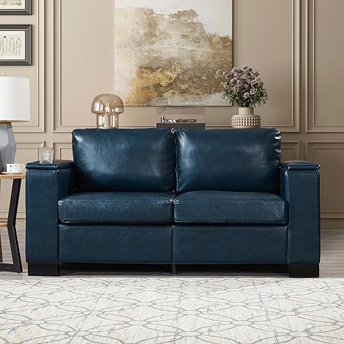 Sofá de cuero azul de 67.7 pulgadas con portavasos, moderno y cómodo sofá de dos plazas tapizado de mediados de siglo con reposabrazos de