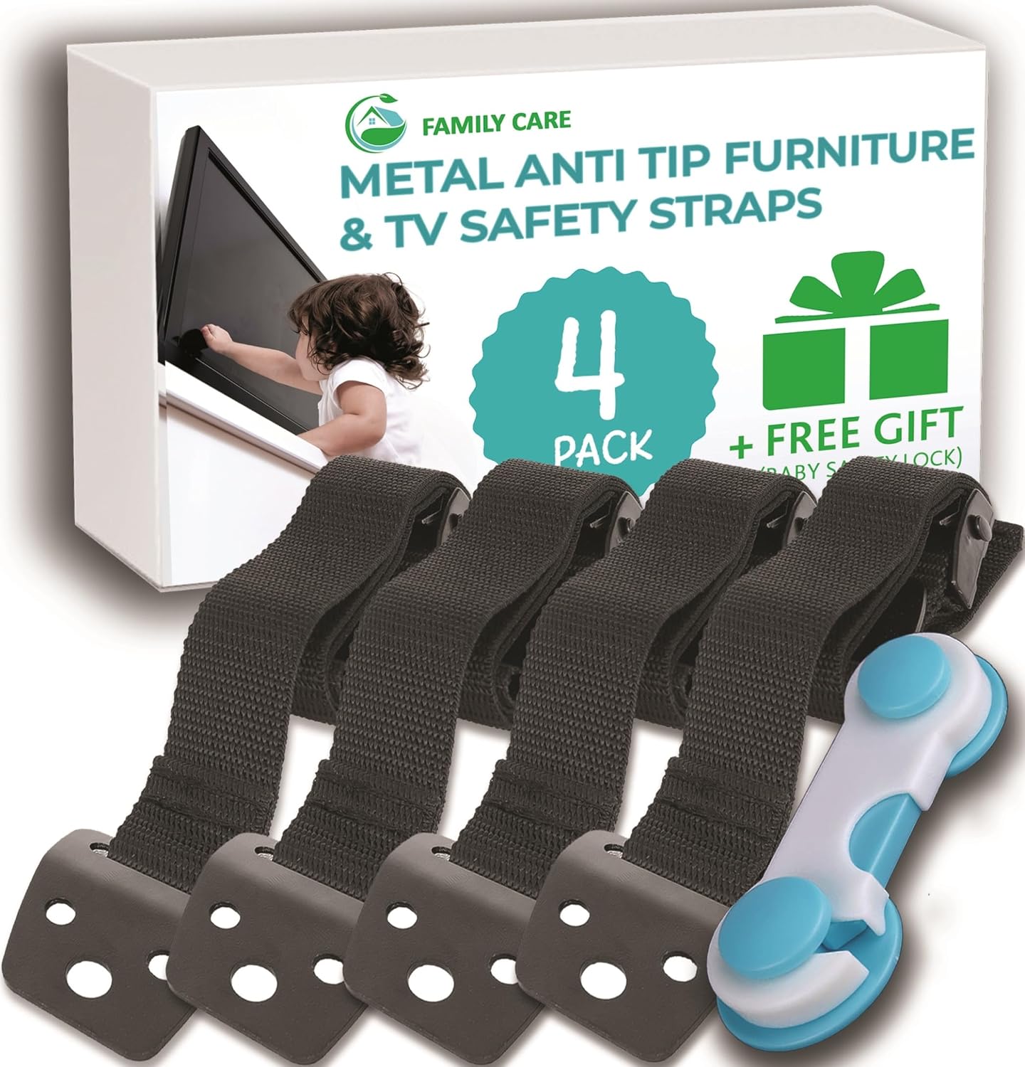 Family Care Metal Anti Tip Furniture Straps/TV Safety Straps (4 Pack+Gift) Kit -Secure 400lb- Earthquake Straps for Bookcases - Furniture Wall Anchors for Baby Proofing - Anti Tip Furniture Anchors