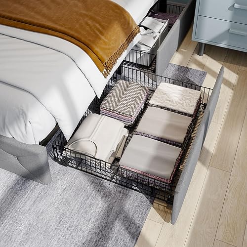 Miniatura 5 de SHA CERLIN Base de cama tapizada de tamaño matrimonial con 4 cajones de almacenamiento, cabecera ajustable con diseño de botón cosido de diamante,