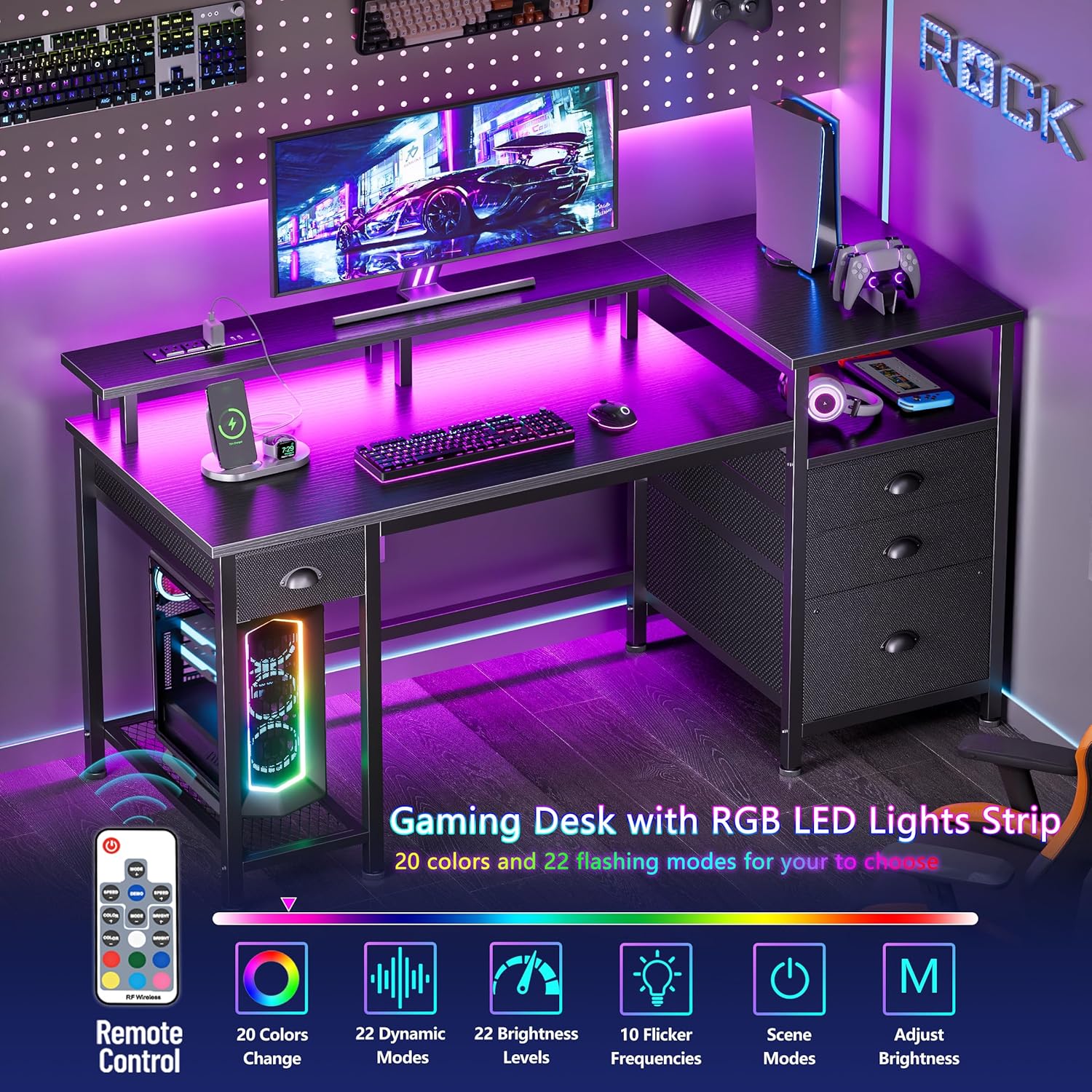 Furologee 52'' Gaming Desk with LED Lights and Power Outlets, Reversible Computer Desk with 4 Drawers, Fabric File Cabinet, Printer Space, Shelves and Monitor Stand for Home Office and Bedroom, Black