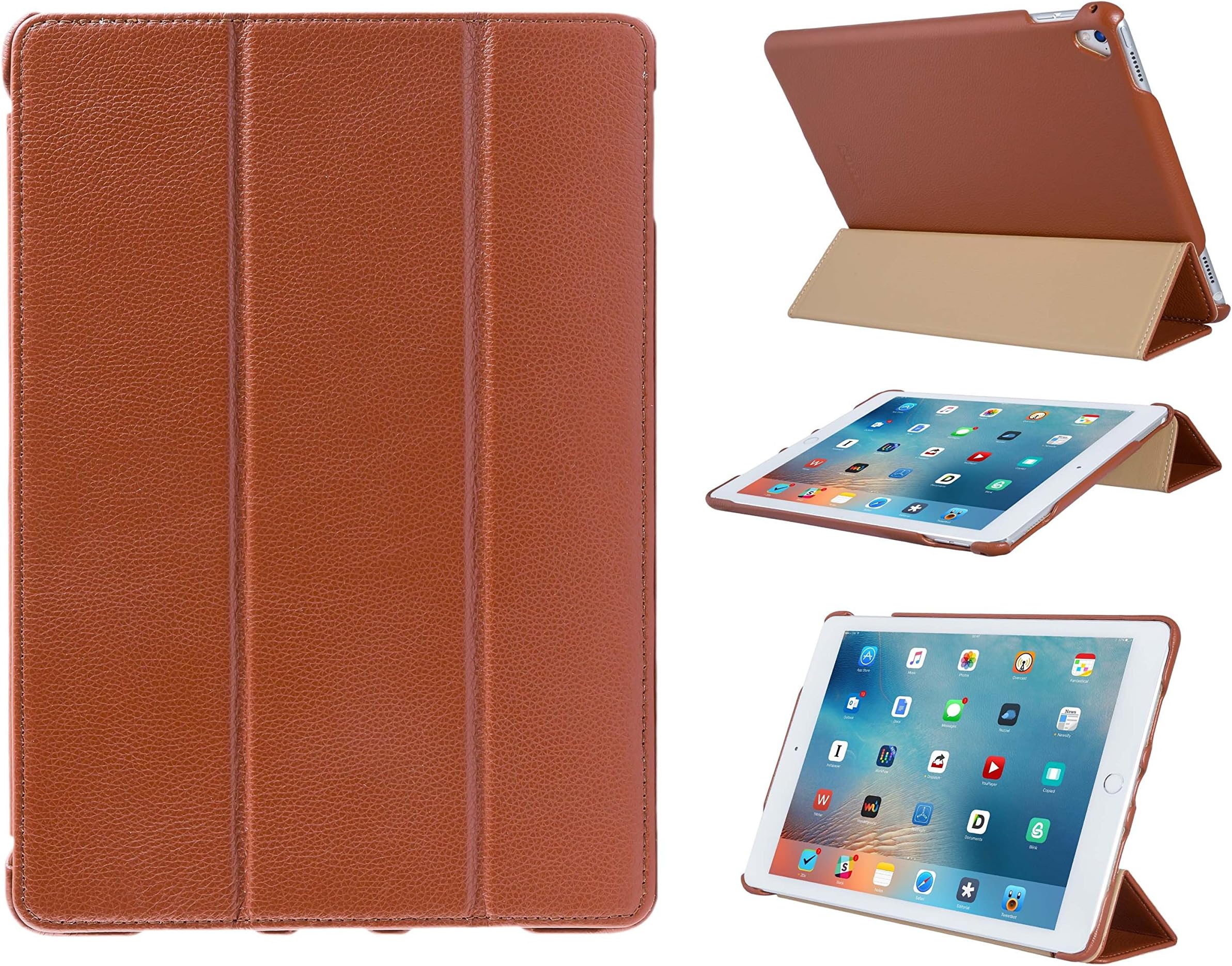 FUTLEX Genuine Leather Smart Cover Case Compatible with iPad Pro 9.7" (2016 Year A1673 A1674 A1675) - Brown - Multiple Stand Position - Auto Wake/Sleep Function