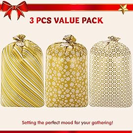 JOYIN 3 PCS 56x36 Jumbo present Bags Parties Gold for Xmas Large Holiday Plastic Gift Bag, Christmas Decorations, Carry-on Luggage, Large Toys and Stuffed Animals