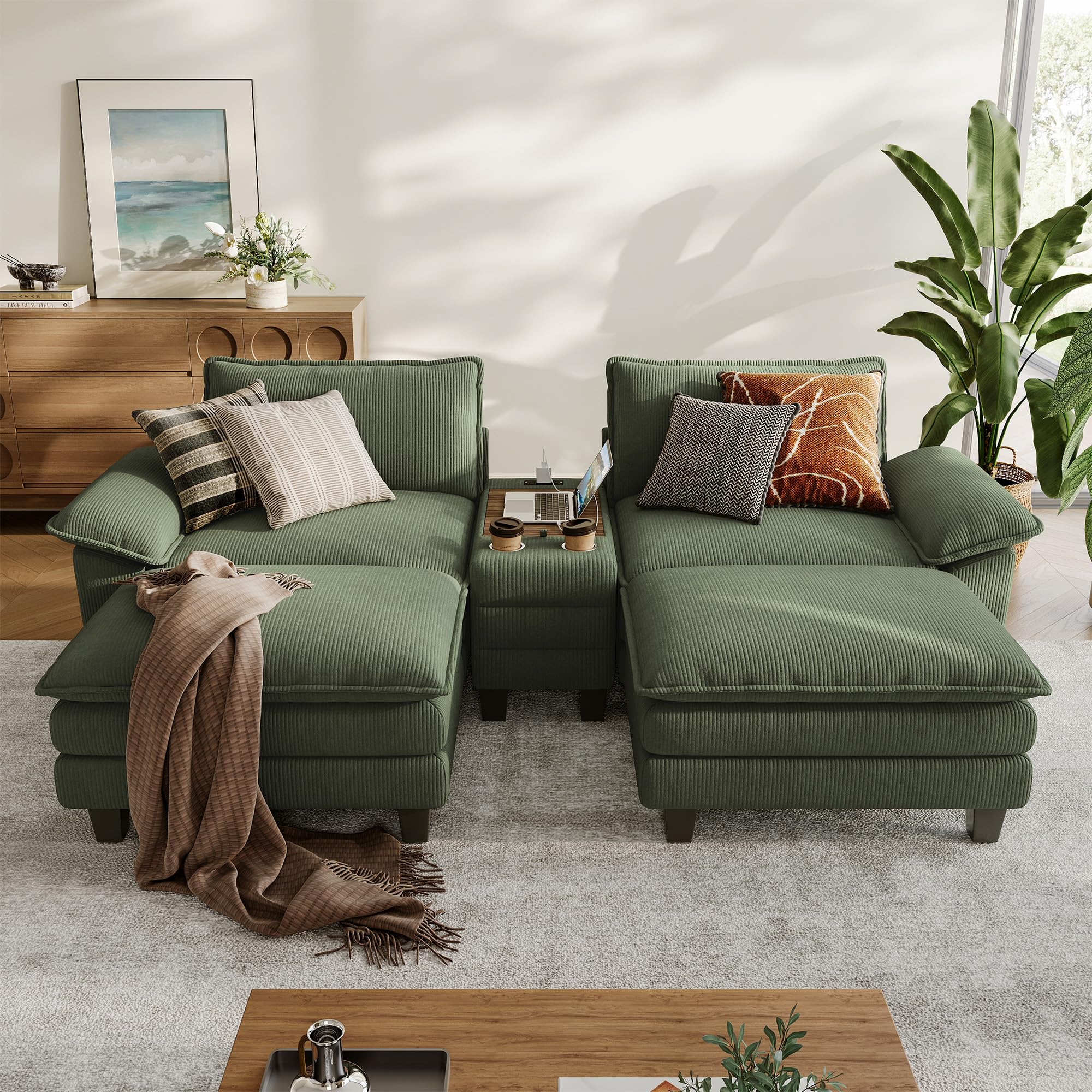 Photo 1 of **OTTOMAN ONLY NO LEGS**LINSY HOME Modular Sectional Sofa for Living Room, Corduroy Cloud Couch with Storage Console, USB Charging, Cup Holders, Comfy Modern Modular Cloud Couches with Movable Ottoman (Green)