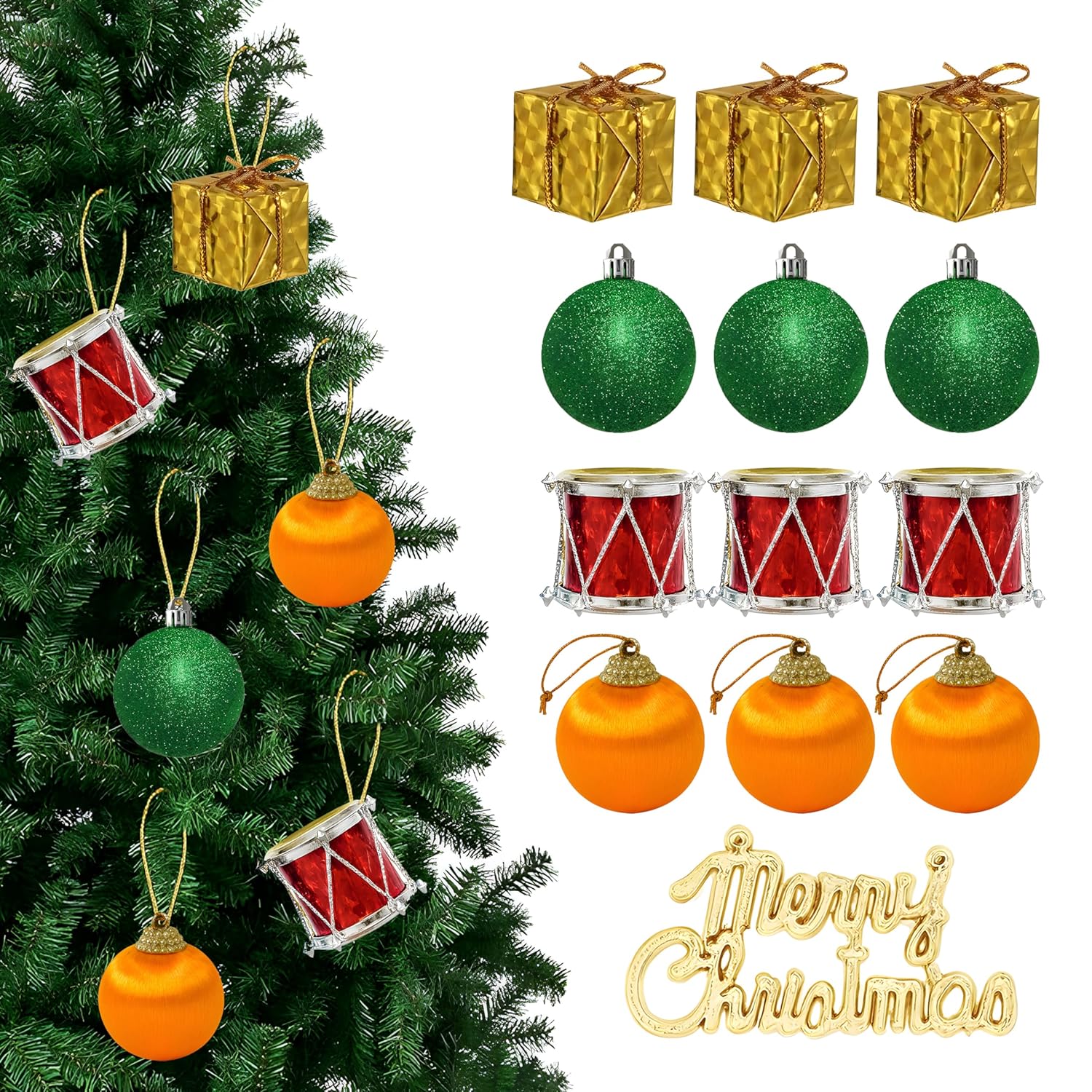 Toyshine 13Pc Christmas Tree Decoration Combo Set | Hanging Balls | Mini Drums | Gift Boxes & Merry Christmas Sign | Xmas Party & Home Décor Ornaments