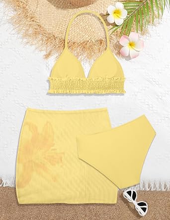 Girls Swimsuits 3 Piece Halter Prints Bikini Set Ruffle Elastic Bathing Suit for Teen Girls 7-14Y