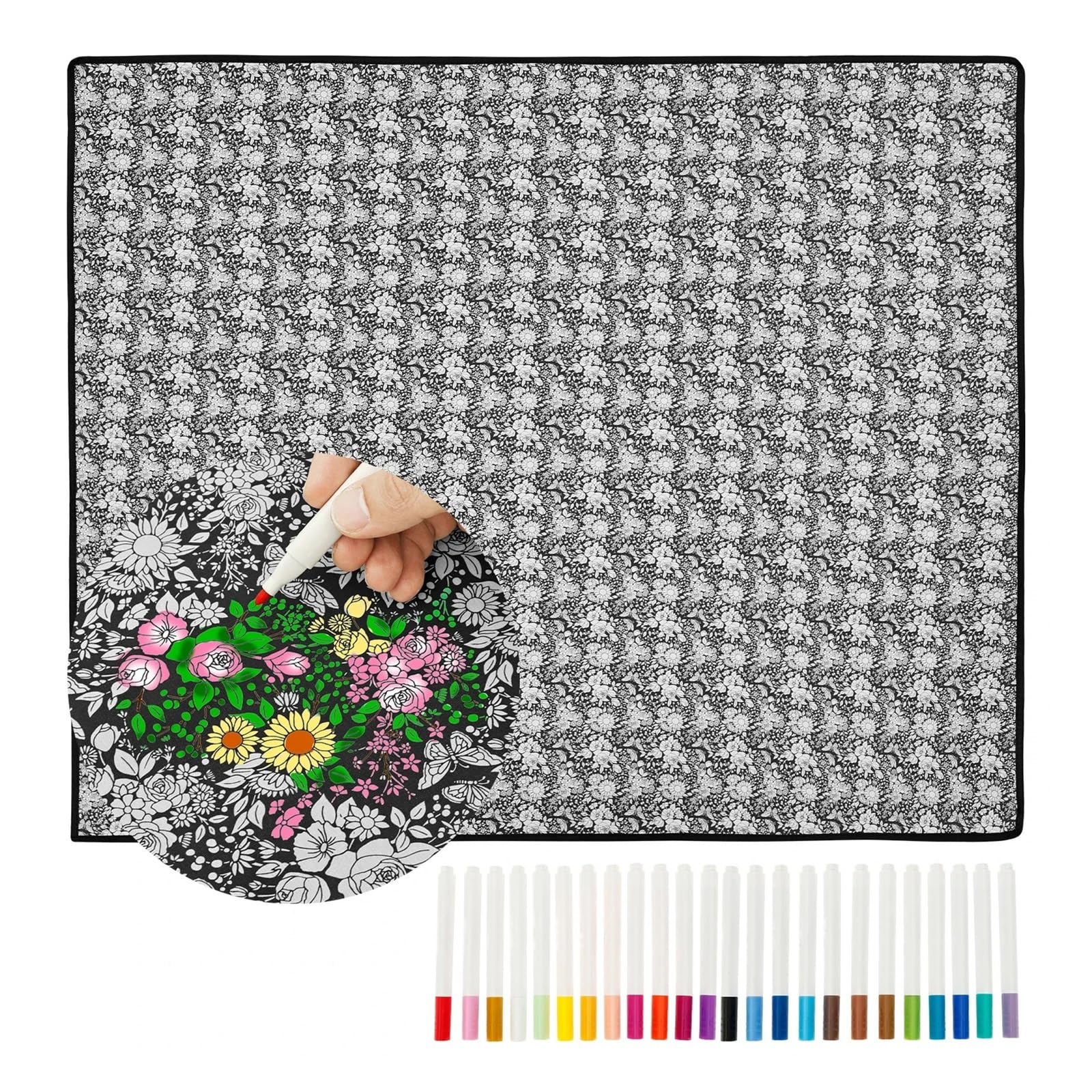 Ozzyr DIY Coloring Blanket with 24 Colored Markers Creative(Flower)