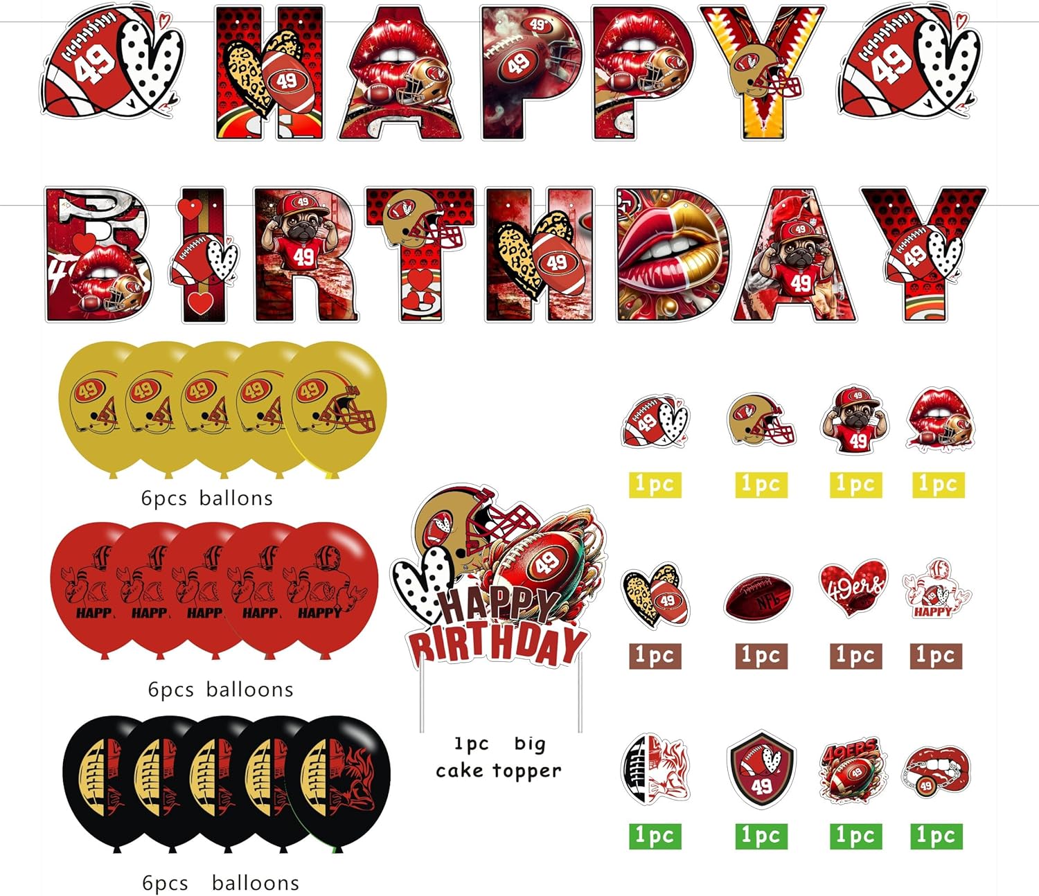 49 Football Birthday Party Supplies,Party Decorations Set Include Banner,Balloons,Cake Cupcake Toppers,for Boys Girls Theme Party.