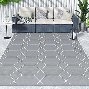 GENIMO Outdoor Rugs 9x12 for Patios Clearance, Reversible Mats, Waterproof Camping Rug, Plastic Rug, Geometric Rv Mat for Patio Camper Rv Picnic Backyard Deck Balcony Porch Beach Trailer(Grey & White)