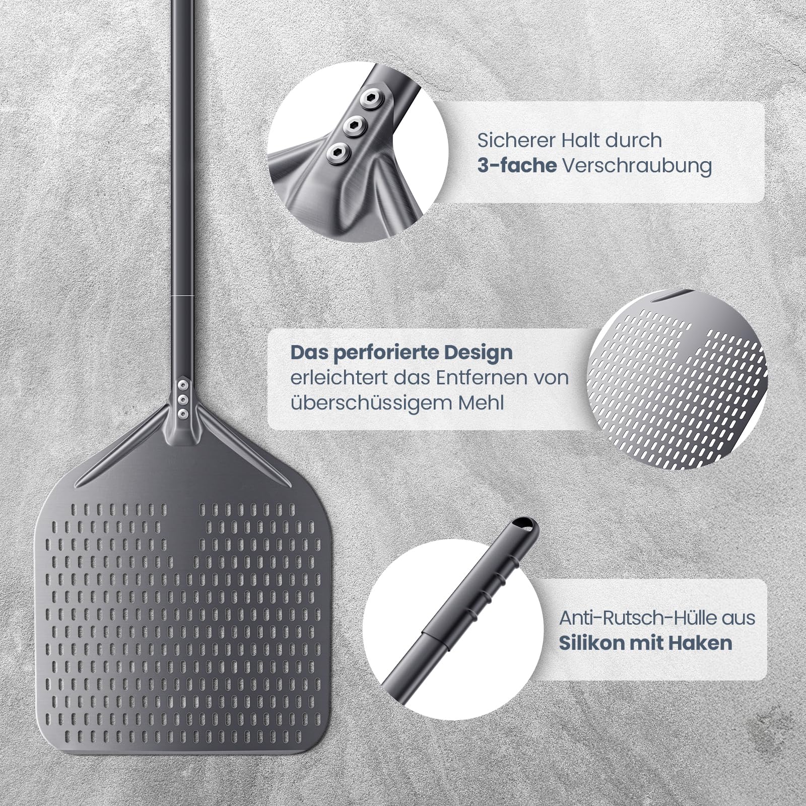 4er Pizzaofen-Set Gesamtlänge 160cm, 35 cm Rechteckiger Pizzaschieber 23 cm Pizzaschaufel aus Hart Eloxiertes Aluminium, Pizzaofenbürste, Ascherechen, Holzofen Pizzaofen Zubehör für Restaurant