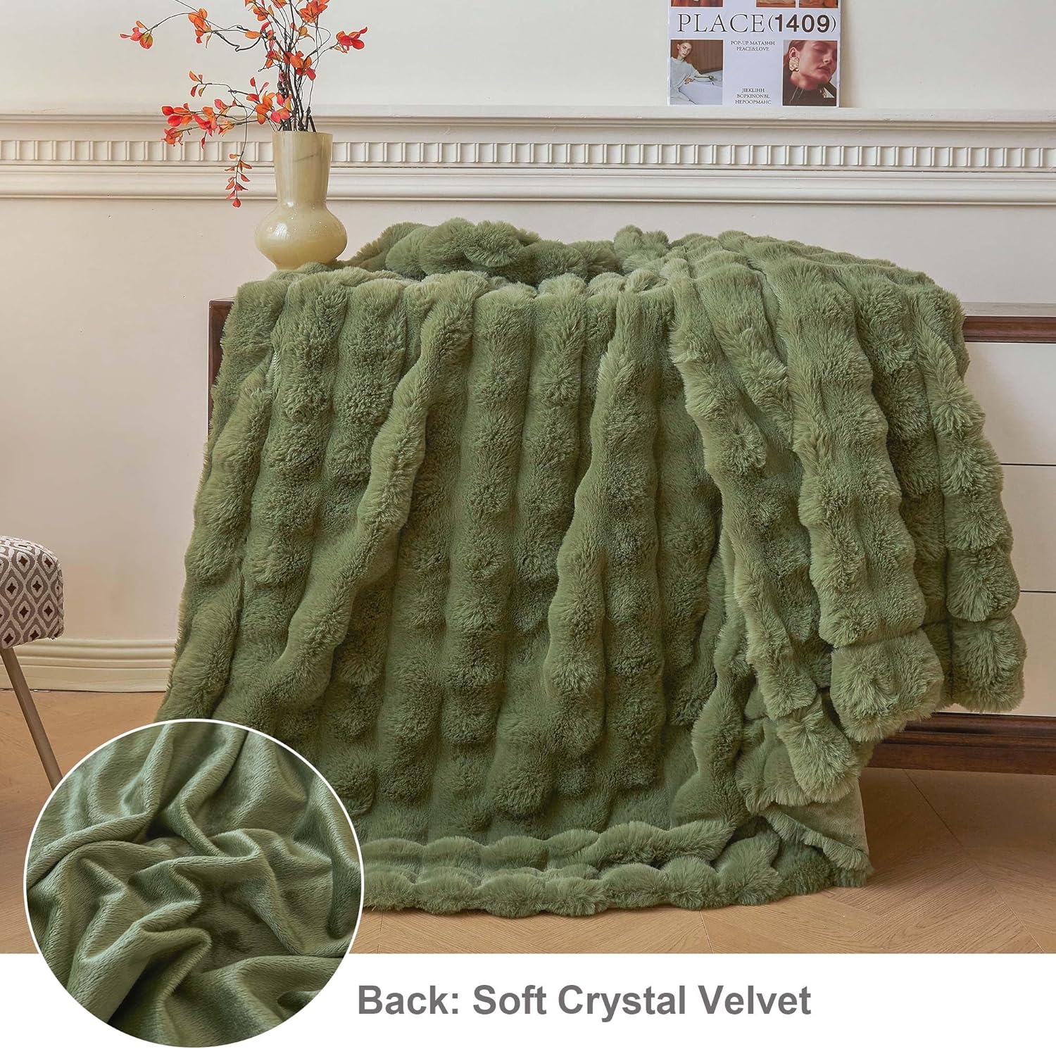 LIFEREVO Fluffy Faux Rabbit Fur Bubble Throw, Plush Shaggy Blanket for Couch Sofa Chair, Soft Cute Moss Furry Blanket Adults Kids Teens Girls, Fuzzy Throw for Bedroom Living Room, 50x60, Sage Green - Image 3