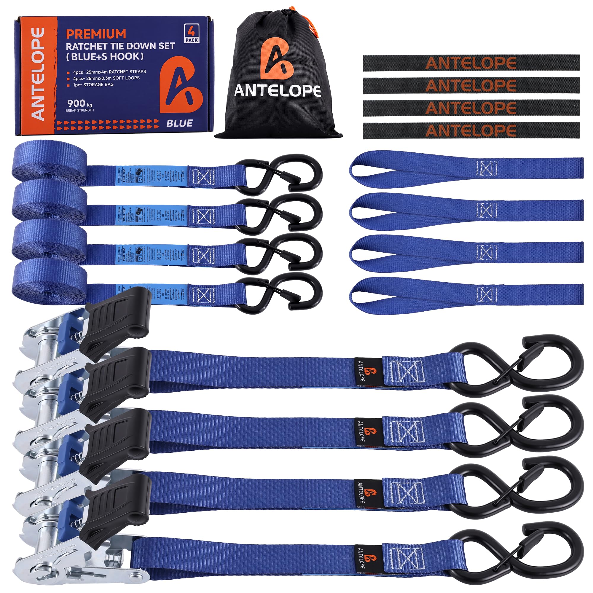 A ANTELOPE Cinghie di serraggio con cricchetto, 25 mm x 4 m, set di 4 cinghie di ancoraggio con cricchetto, 900 kg, resistenza alla rottura, cinghie con gancio per traslochi e carico, blu