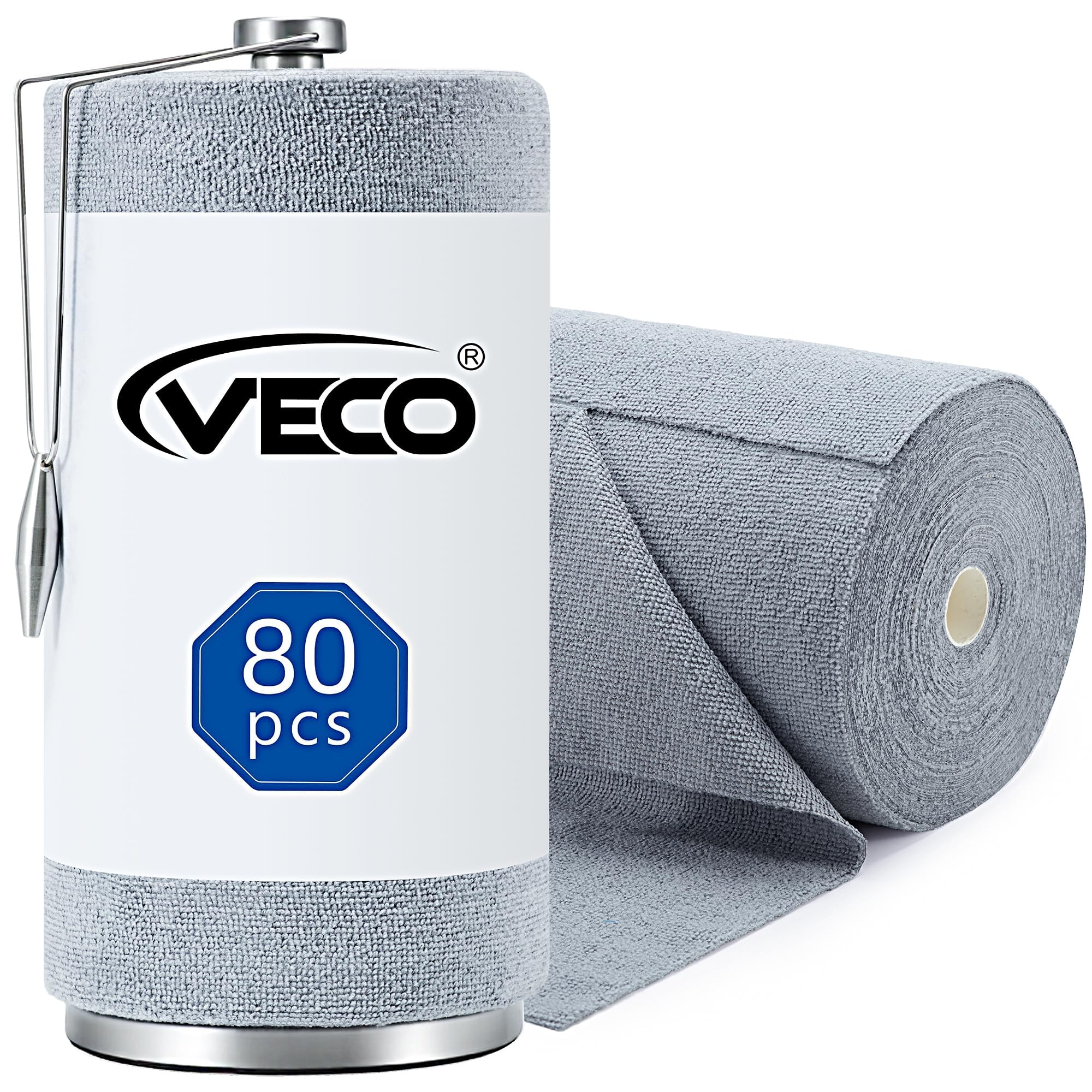 Veco Microfiber Cleaning Cloth Roll with Holder 80 PCS, 12" x 12" Gray