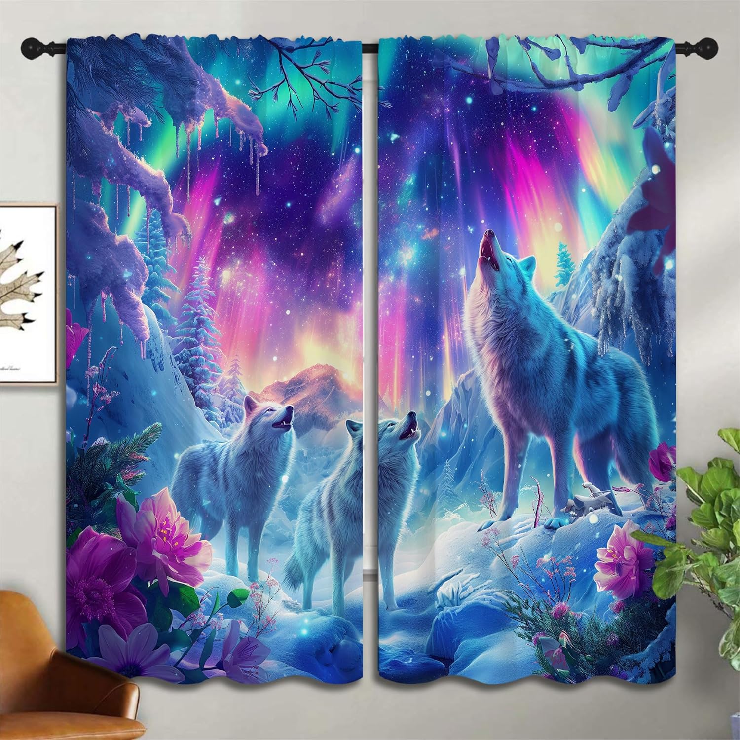 Wolf Blackout Curtains for Boys Girl Bedroom Decor,Howling Wolf Aurora Nature Snowy Scenery Thermal Insulated Rod Pocket Drapes Darkening Window Curtain for Living Room Home 55x63 inch