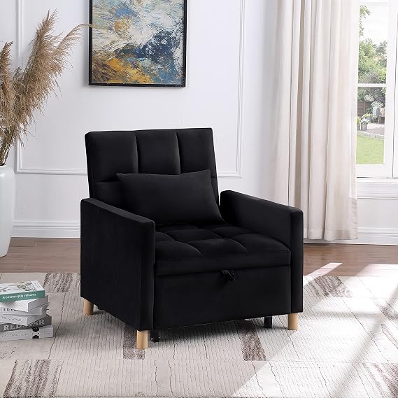 Lakifun 3-in-1 Single Convertible Chair Bed,Single Sleeper Sofa Chair Bed with Pillow & Pocket, Multi-Functional Sleeper Chair Living Room Chair with Velvet Fabric (Black)