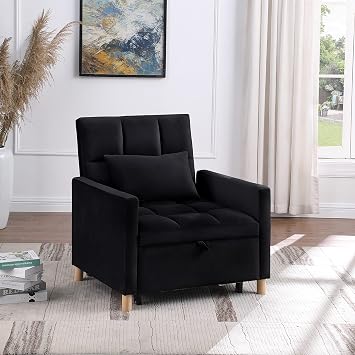 Lakifun 3-in-1 Single Convertible Chair Bed,Single Sleeper Sofa Chair Bed with Pillow & Pocket, Multi-Functional Sleeper Chair Living Room Chair with Velvet Fabric (Black)