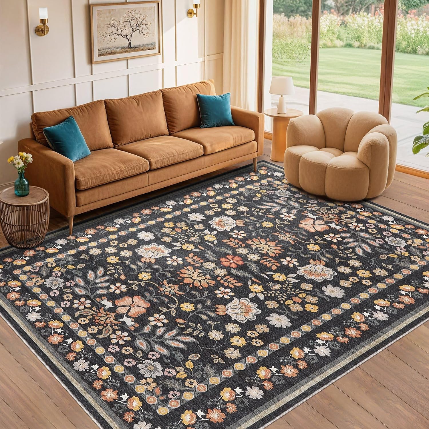 8x10 Area Rug Living Room Rugs - Washable Boho Vintage Floral Large Soft Non Slip Thin Rug Low Pile Carpet for Bedroom Dining Room Kids Playroom Office Decor Indoor- Black Grey Black Grey 8' x 10'