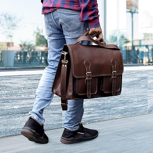 Miniatura 5 de Bolso de mensajero para hombre, estilo vintage, de 15.6 pulgadas, de cuero, maletín para portátil, bolso de hombro, bolso de hombro retro para