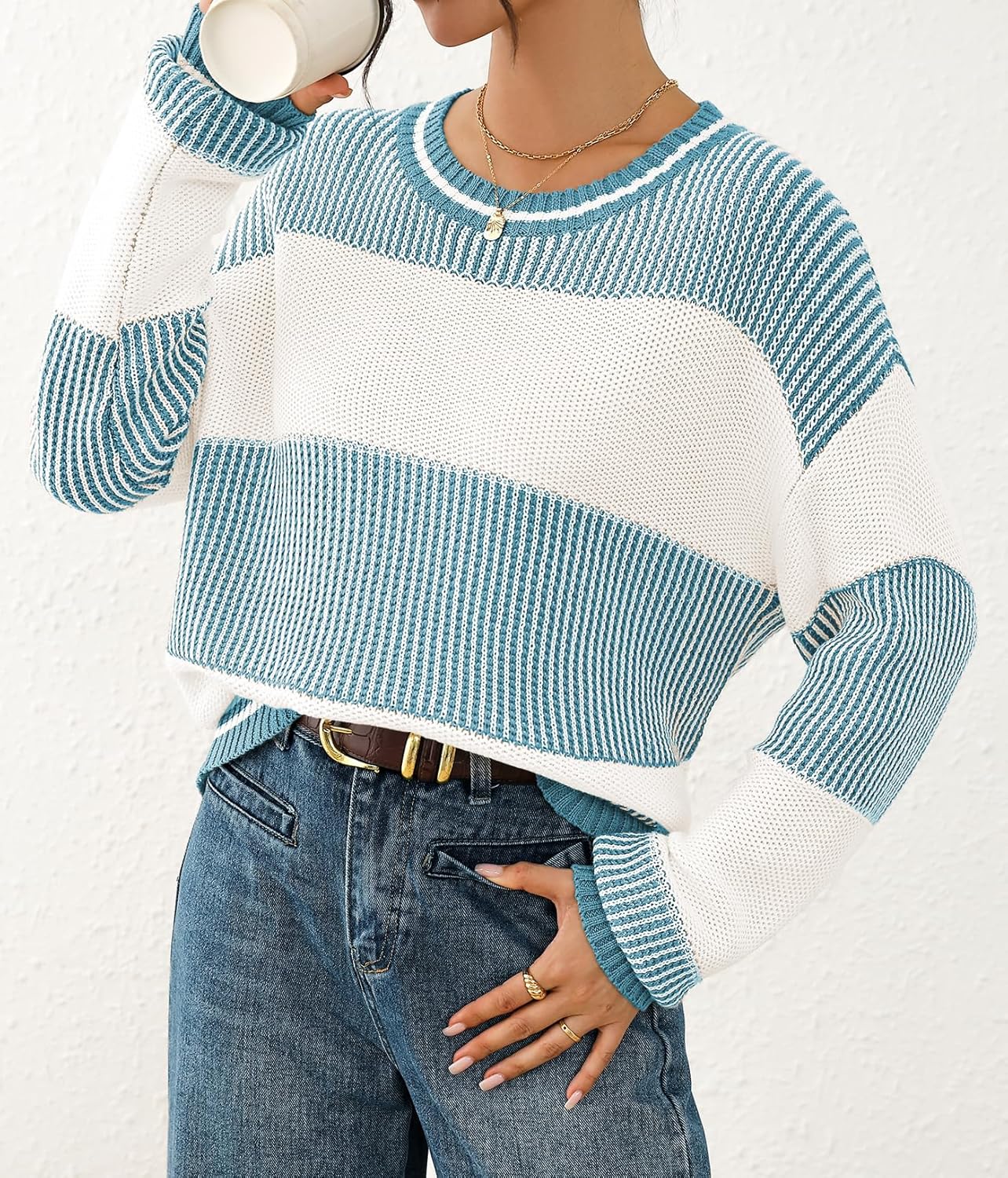 Viottiset Women's 2025 Fall Fashion Crew Neck Long Sleeve Striped Color Block Knit Loose Pullover Sweater Tops - Image 5