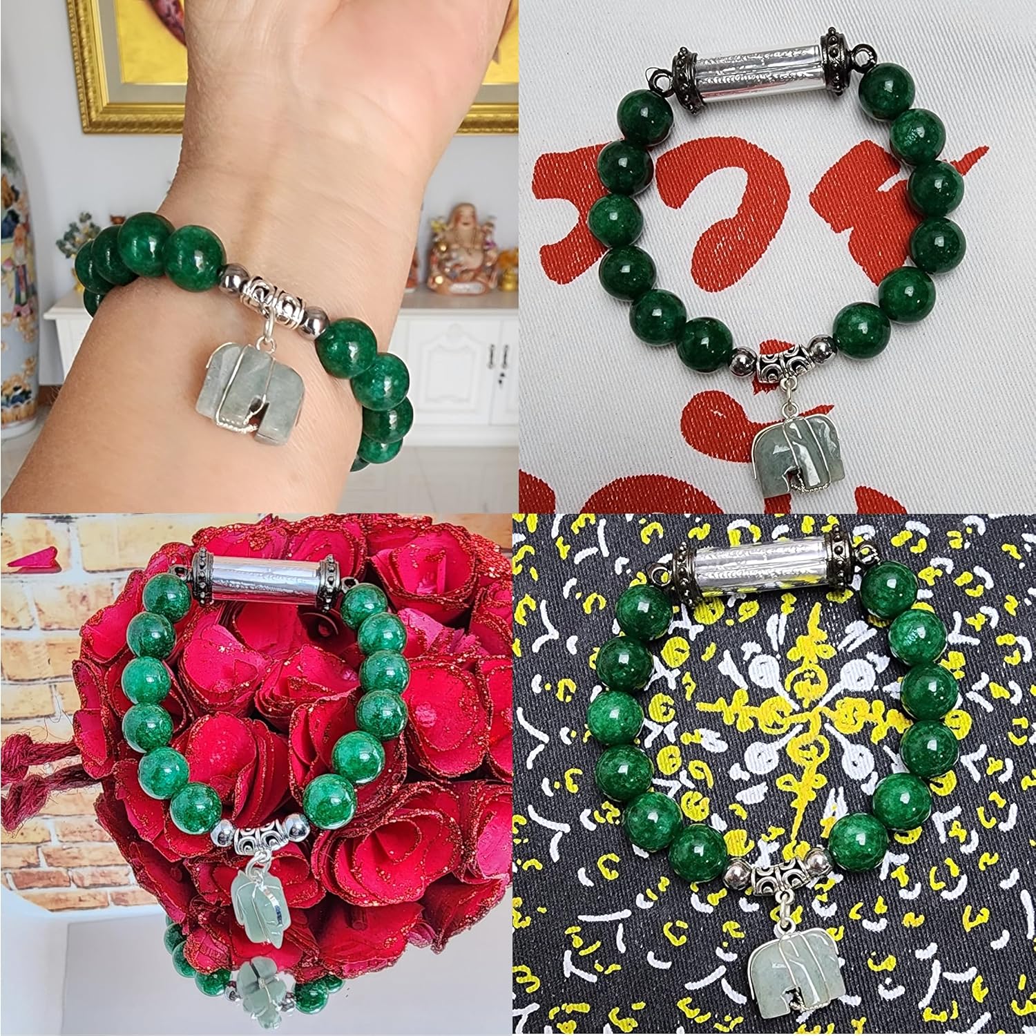 5-Row Thai Jade Takrut Yantra Bracelet for Women – Good Luck & Healing Gemstone Hand Bracelet with Elephant Jade Charms for Prosperity. - Image 5